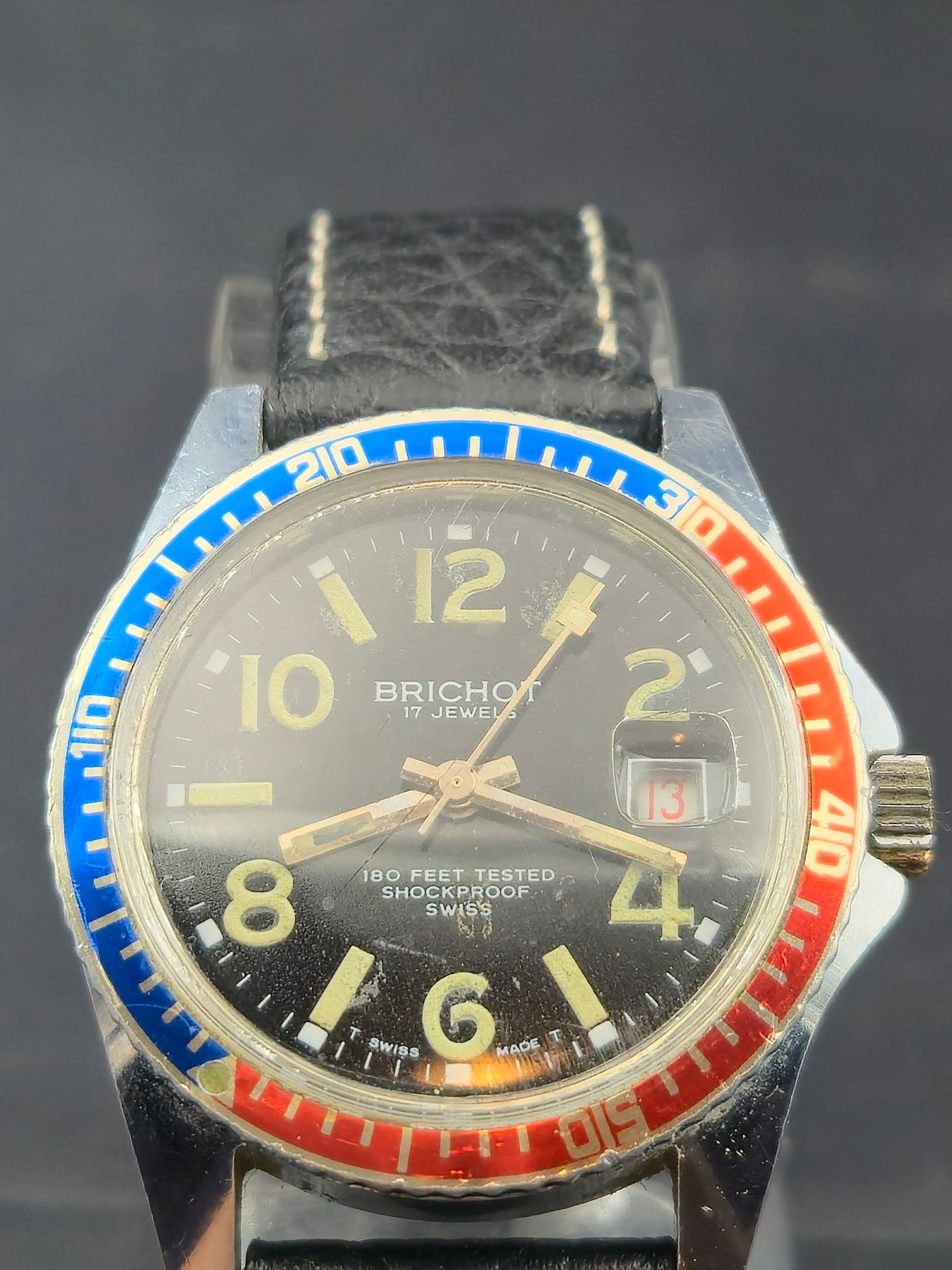 1970s Brichot Diver 17J Swiss Manual Wind Wristwatch 37mm Pepsi Bezel (1 of 9)