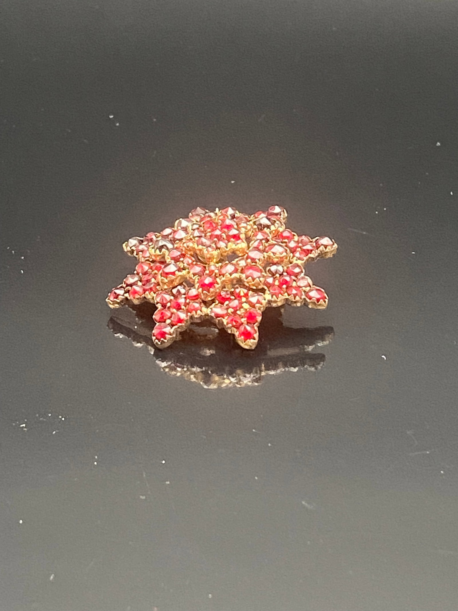 Vintage Garnet Red Glass Starburst Brooch in Gold-Tone Setting: A striking vintage starburst brooch featuring dozens of deep red garnet-colored glass stones prong-set in a layered, dimensional gold-tone setting. The piece forms a radiant star or floral burst desig