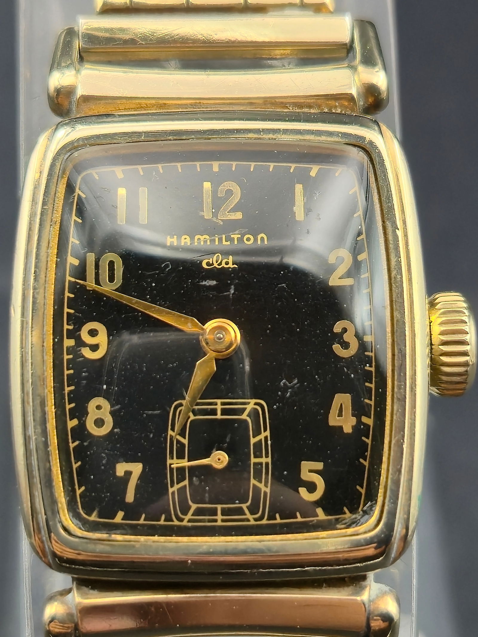 1950s Hamilton “Brandon” CLD Black Dial 10K Gold-Filled 28mm Tank Watch w/ 980 17J –: Vintage 1950s Hamilton “Brandon” CLD men’s wristwatch, featuring a 10K gold-filled case by S&W for Hamilton (inside back stamped Brandon, Hamilton W. Co., Lancaster, PA, 10K Gold Filled, S41