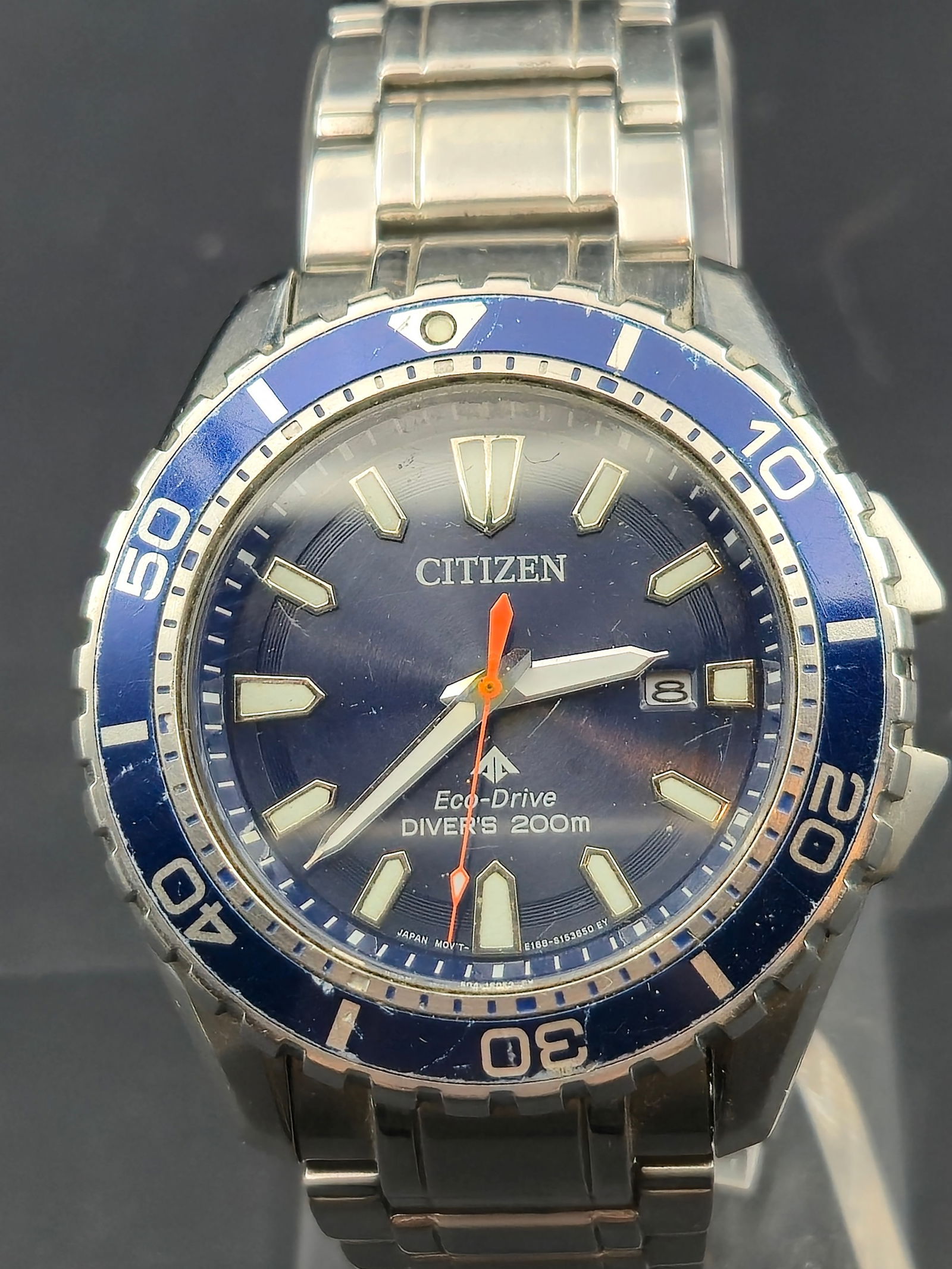 Citizen Eco-Drive Diver’s 200M 46mm Stainless Steel Blue Dial Watch, Runs: Offered is a Citizen Eco-Drive Diver’s 200M wristwatch, reference E168-S111510 / 7710211771, in stainless steel with rotating blue diver’s bezel. The case measures 46mm and is fitted with a matchi