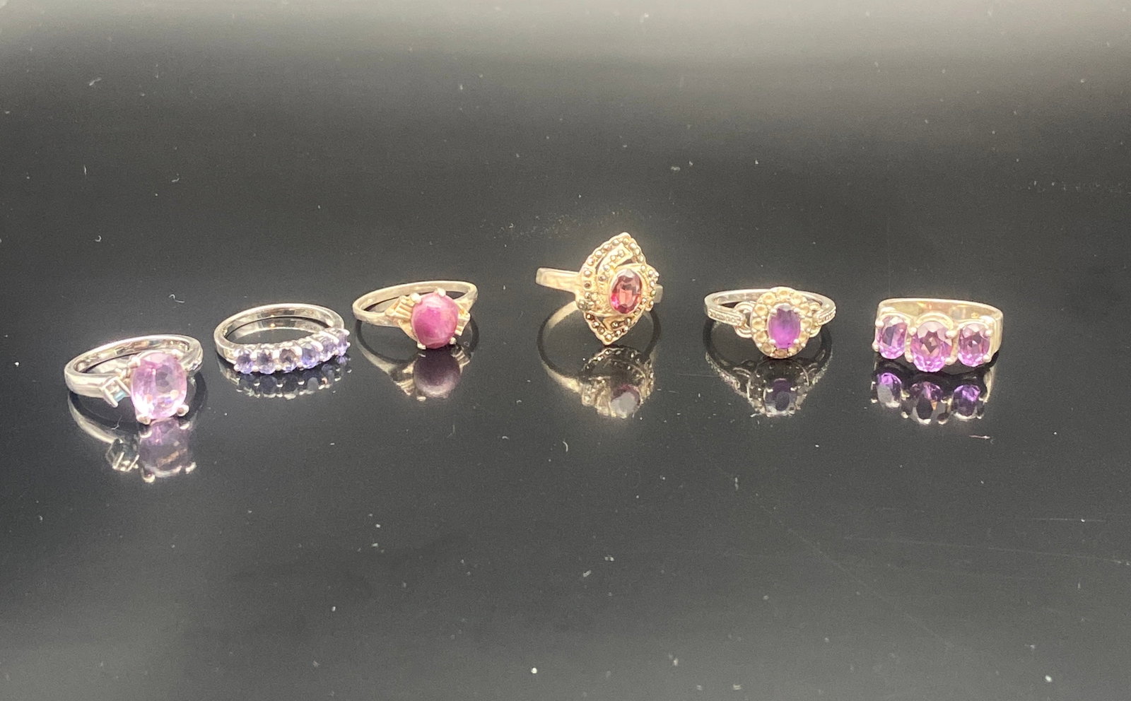 Collection of Six Sterling Silver Rings with Purple & Pink Gemstones (1 of 20)