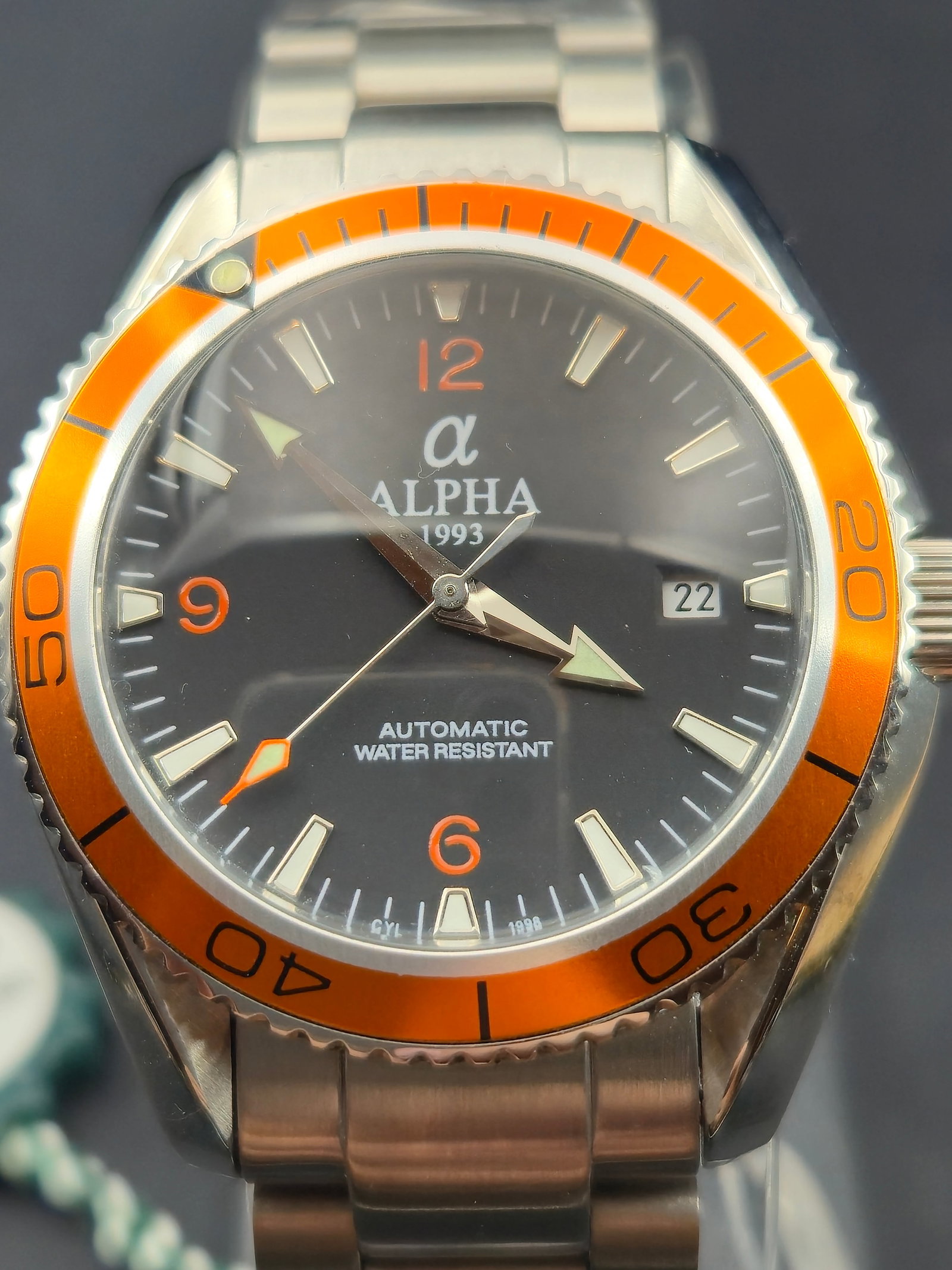 Alpha 1993 Automatic Orange Bezel 42mm Stainless Steel Diver Style Watch NOS (1 of 7)