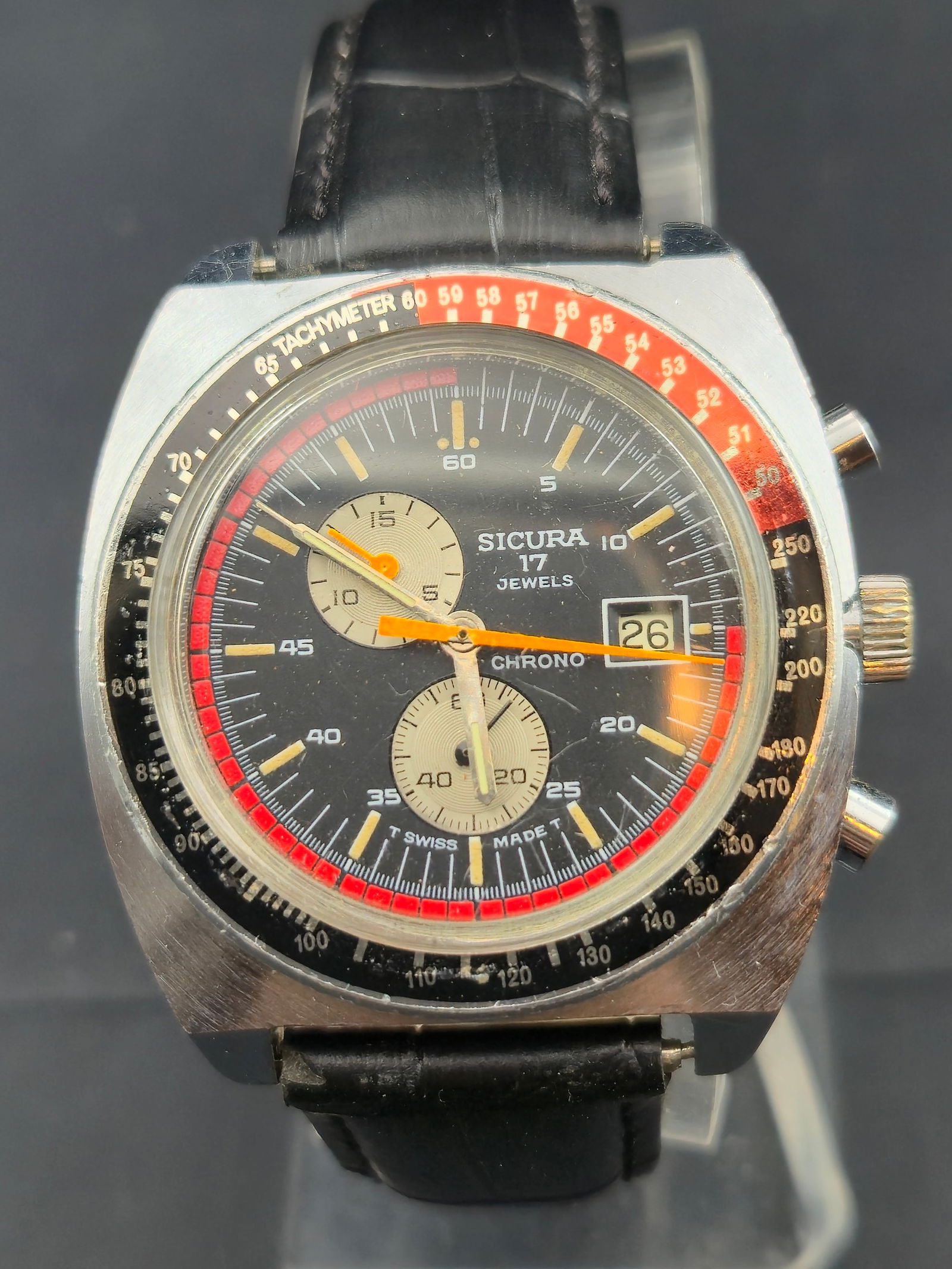 1970s Sicura Swiss Chronograph 17j Tachymeter Black Dial Watch, 41mm (1 of 8)