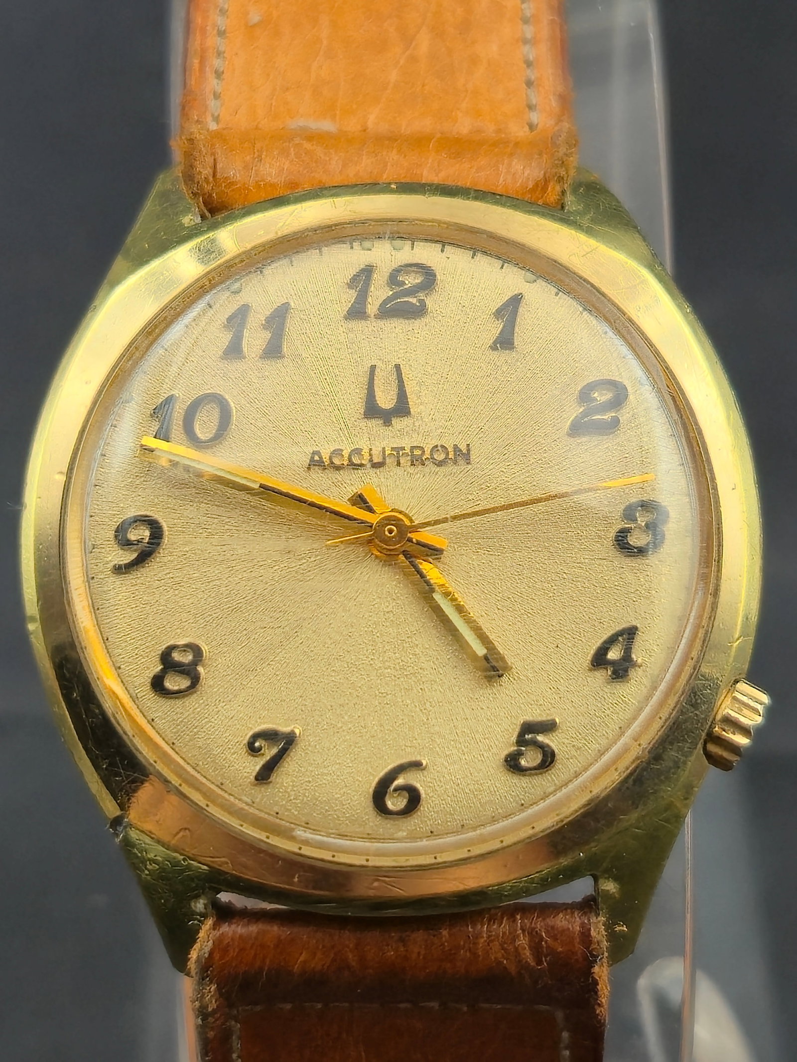 1973 Bulova Accutron 2180 Tuning Fork Watch, 33mm, GF Back, New Battery, Running: Vintage Bulova Accutron wristwatch powered by the Caliber 2180 tuning fork movement, a milestone in electronic watchmaking. Movement is marked Bulova U.S.A. 2180 with visible tuning fork coils and tra