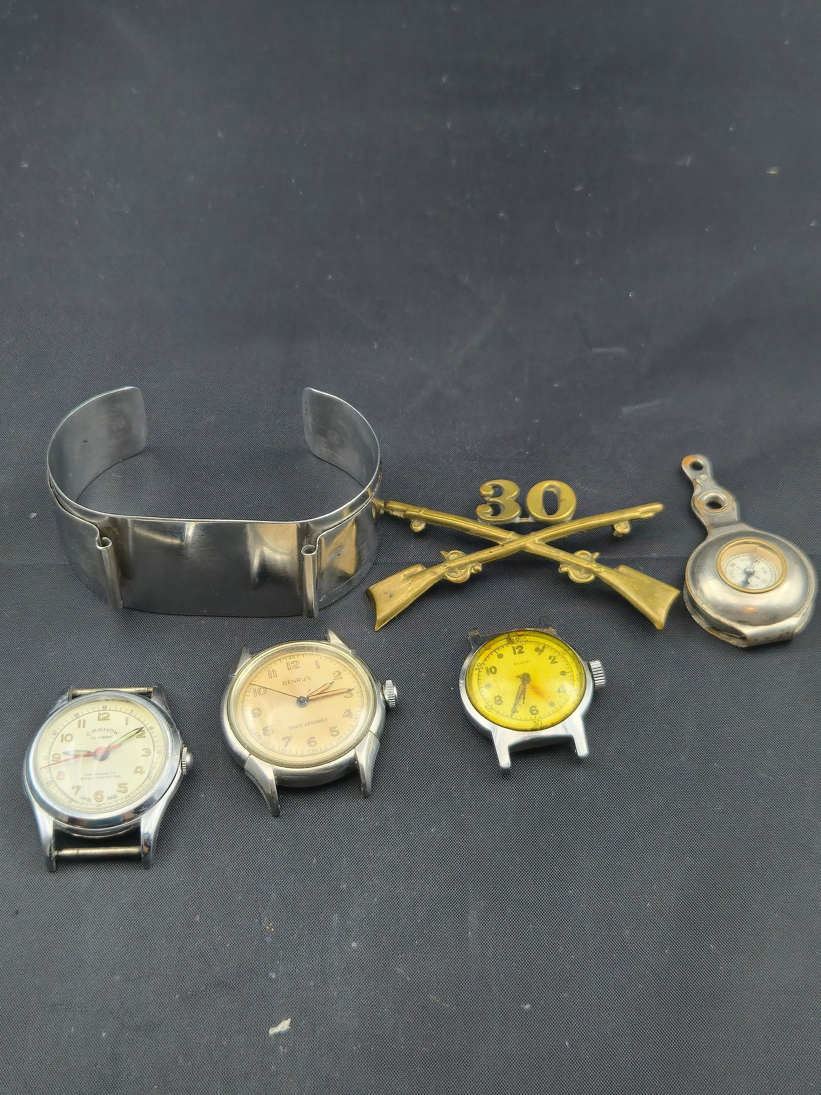 Military-Style Watch Lot w/ Benrus, Elgin, Cronow, Stainless Cuff & 30th Infantry Insignia (1 of 13)