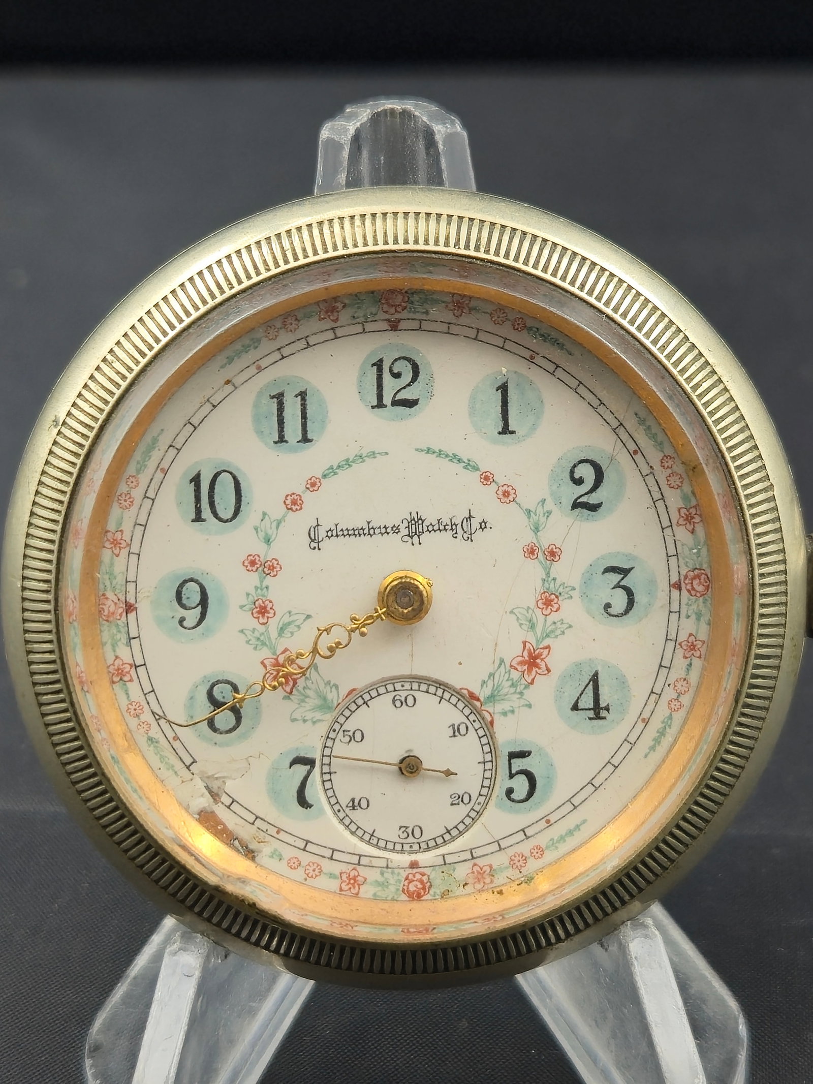 1895–1902 Columbus “The Star” 18s 15J Lever-Set Pocket Watch w/ Fancy Floral Dial: A vintage Columbus Watch Co. pocket watch, Grade The Star, produced between 1895–1902 in Columbus, Ohio. This large 18-size hunting movement features 15 jewels, nickel full plate finish, micrometer 
