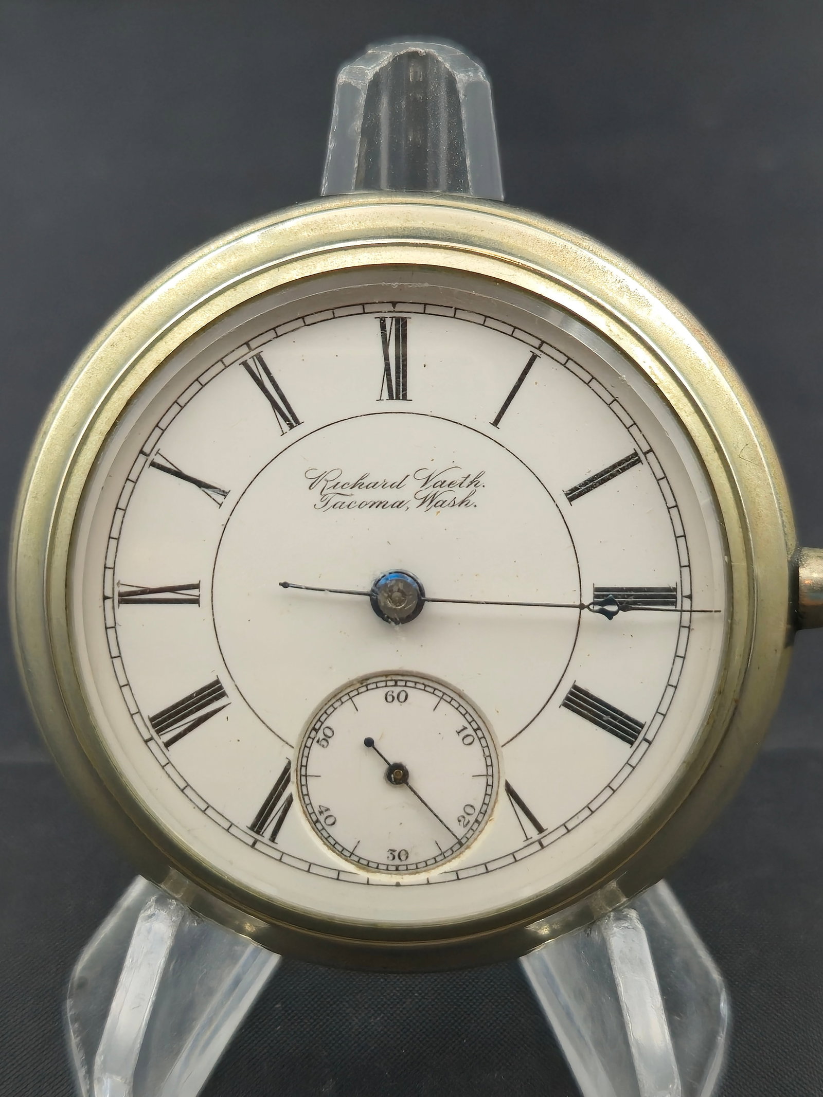 1888 Rockford Grade 83 18s 15J Lever-Set Pocket Watch, Private Label “Richard Vaeth, Tacoma,: A collectible Rockford Watch Co. pocket watch, Grade 83, Model 8, manufactured in 1888. This 18-size movement features 15 jewels, full nickel plate finish with black inlay, micrometric regulator, Breg