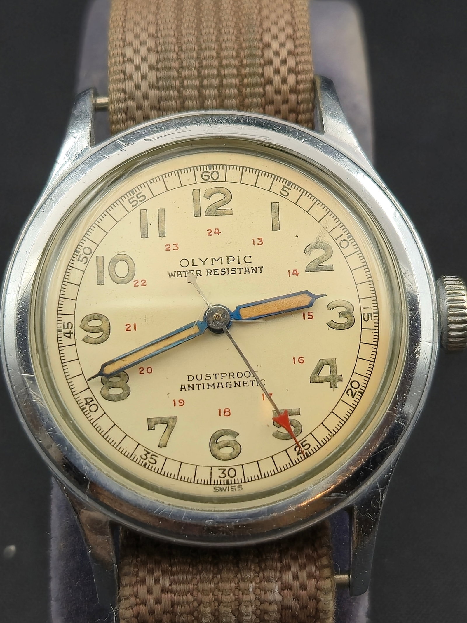 1950s Olympic Swiss Military-Style Wristwatch 32mm, 7J Manual Wind, R. Gsell & Co., Running (1 of 11)