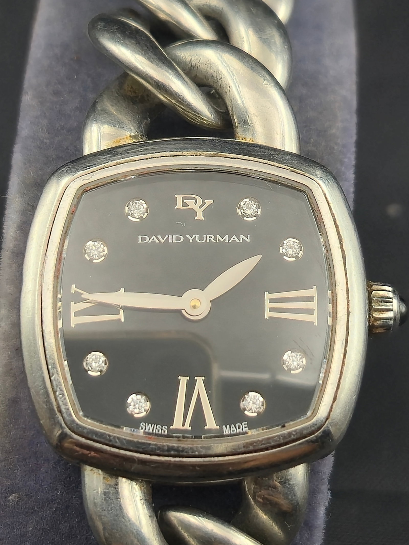 David Yurman T932-S Sterling Silver 23mm Chain Link Bracelet Watch Black Dial Diamond Markers Swiss (1 of 8)