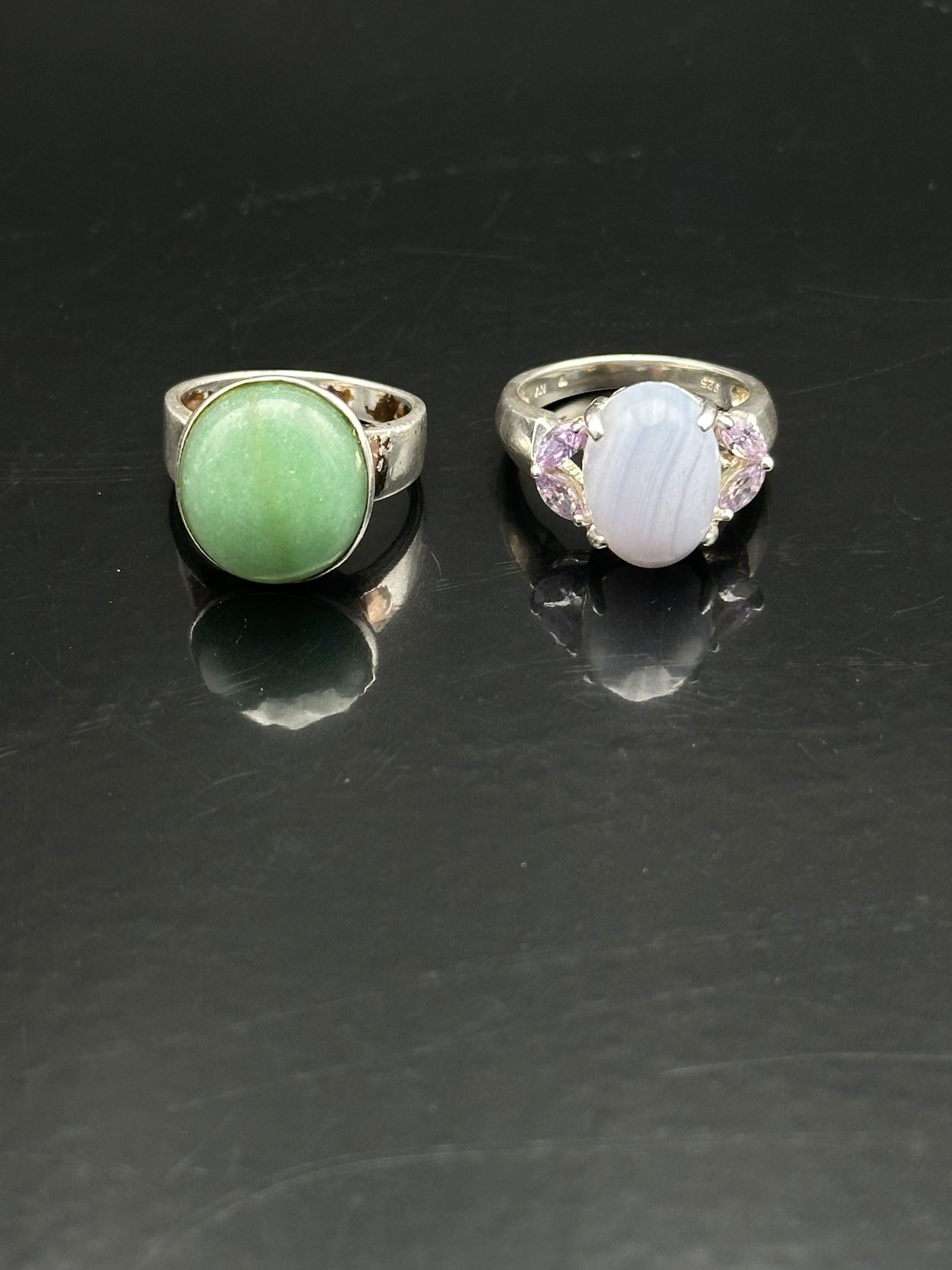 Lot of 2 Sterling Silver Gemstone Rings – Aventurine & Blue Lace Agate w/ Amethyst Accents, 9.5g (1 of 10)