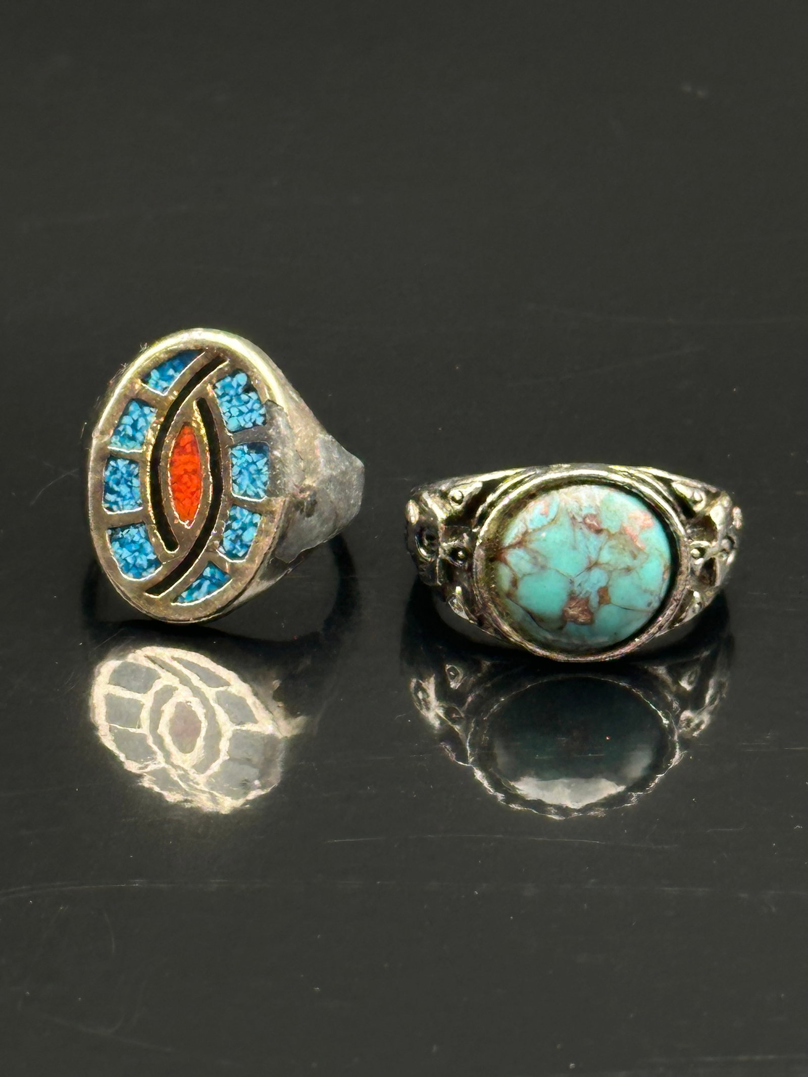Vintage Silver-plated Rings Lot – Turquoise Floral Ring size 12& Coral/Turquoise Inlay Ring size (1 of 12)