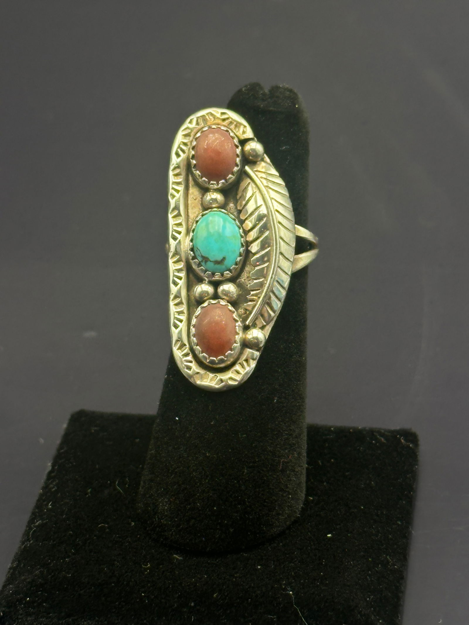 Vintage Native American Sterling Silver Turquoise & Coral Statement Ring, Size 6.5, 8.3g (1 of 6)