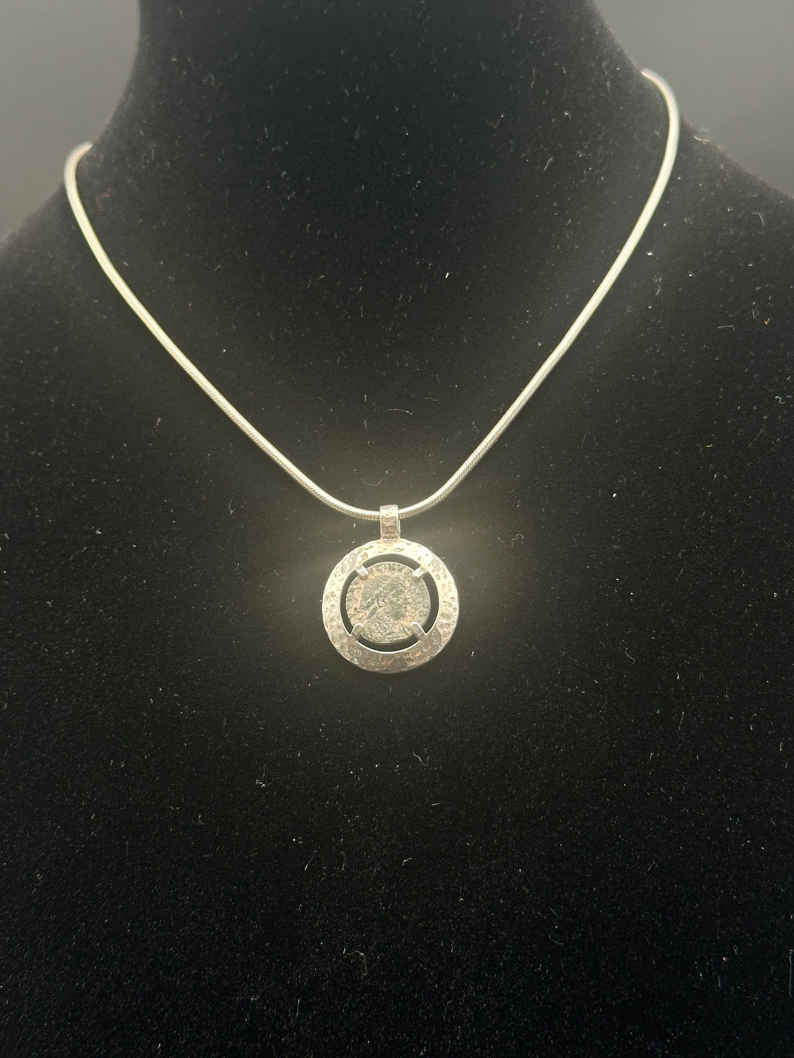 Sterling Silver Artisan Coin Pendant Necklace, Hallmarked “Lib”, Snake Chain, 925 (1 of 11)
