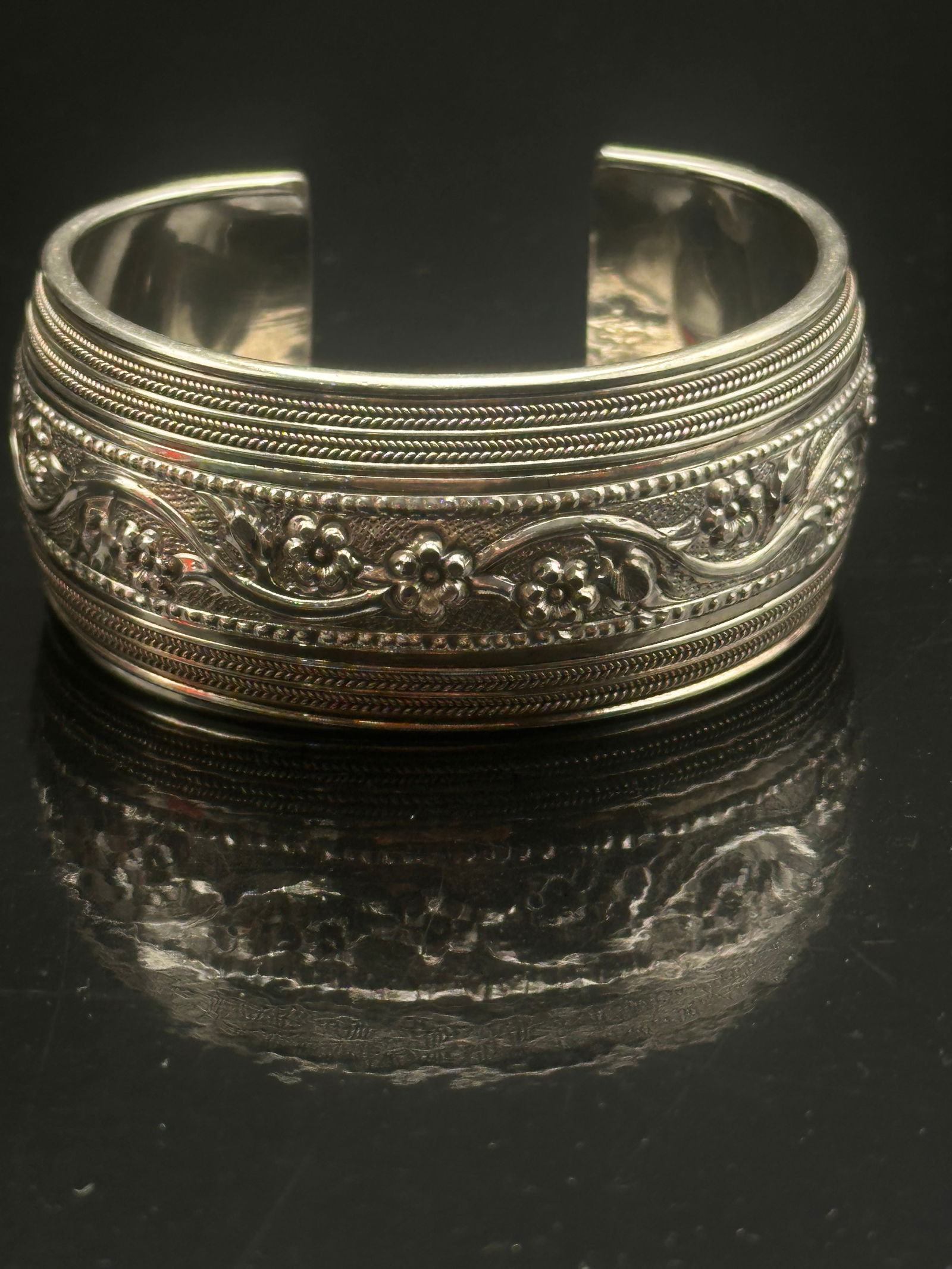 Sterling Silver 925 BJC Ornate Floral Repoussé Cuff Bracelet, 59.7g (1 of 11)