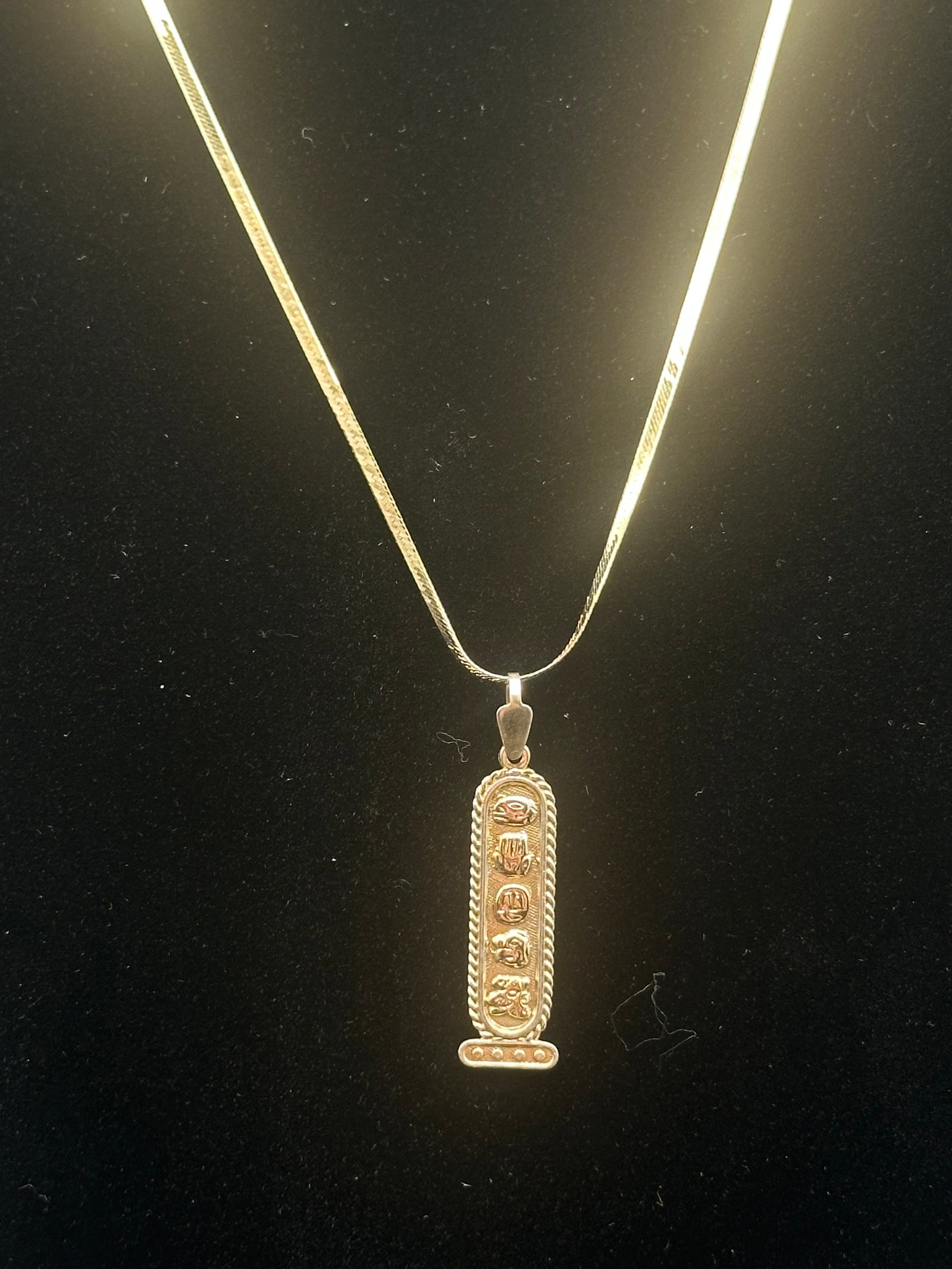 Egyptian Revival Sterling Silver Cartouche Pendant Necklace, Signed Lapis, 11g: A vintage Egyptian revival sterling silver pendant necklace, marked Lapis Sterling 925. The pendant is crafted in the shape of an ancient cartouche and decorated with detailed hieroglyphs, framed in t