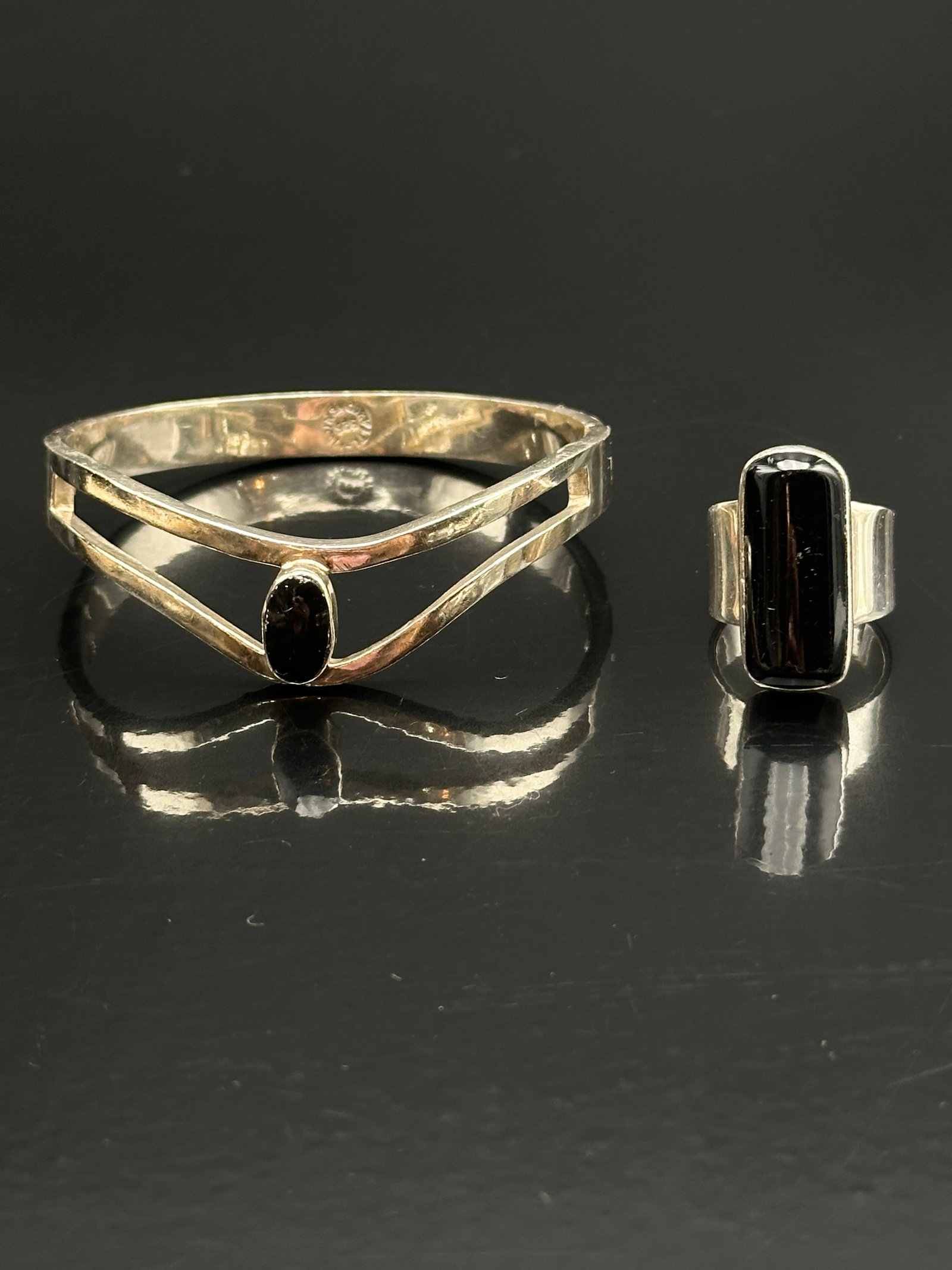 Mexican Sterling Silver Bracelet & Ring Set with Black Onyx, 50g (1 of 12)