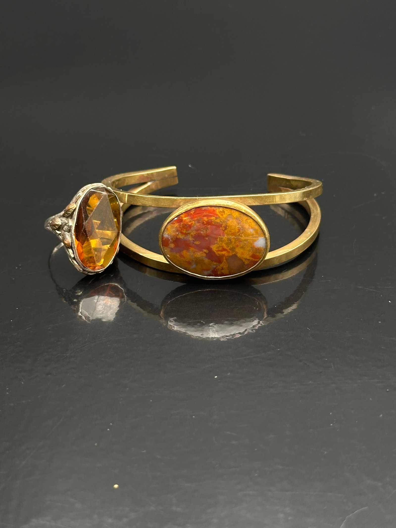 Vintage Brass Cuff with Jasper Cabochon & Sterling Silver Ring with Amber-Colored Stone (41g, Size 8 (1 of 10)