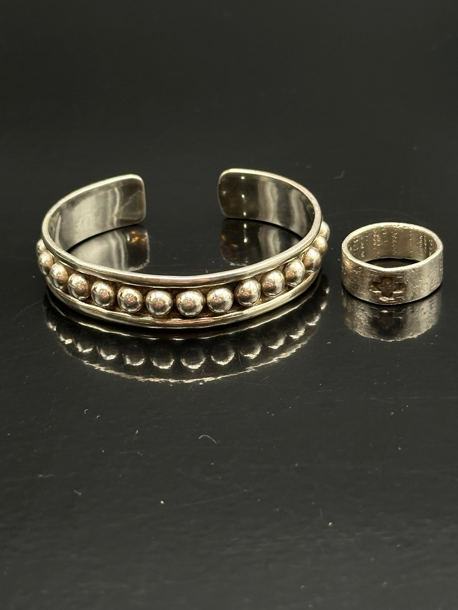 Sterling Silver 925 Jewelry Set – Beaded Cuff Bracelet & Textured Wide Band Ring (29.2g, Size 9) (1 of 11)