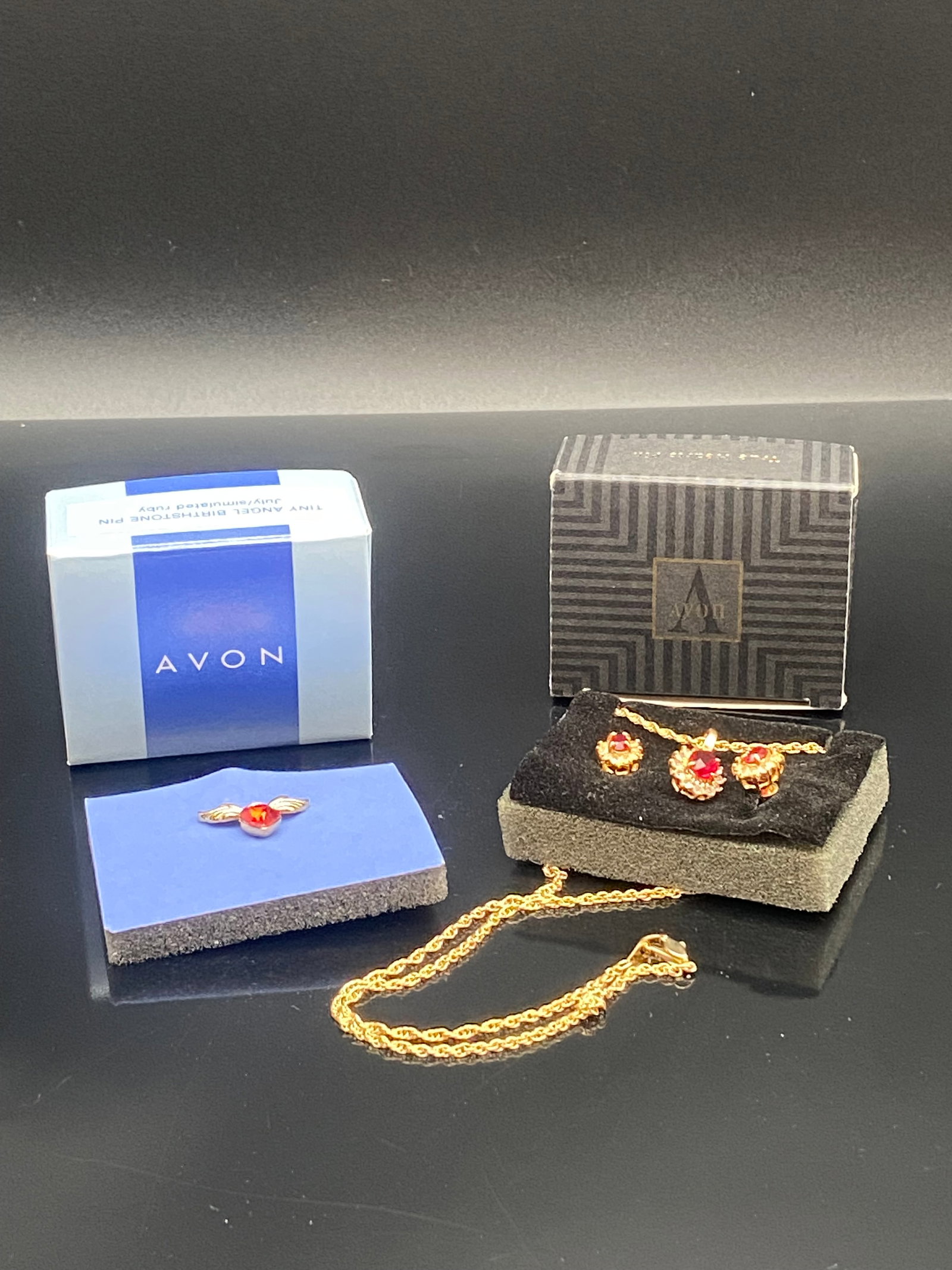Avon Ruby Red Birthstone Jewelry Set with Necklace, Earrings & Pin – Original Boxes (1 of 10)