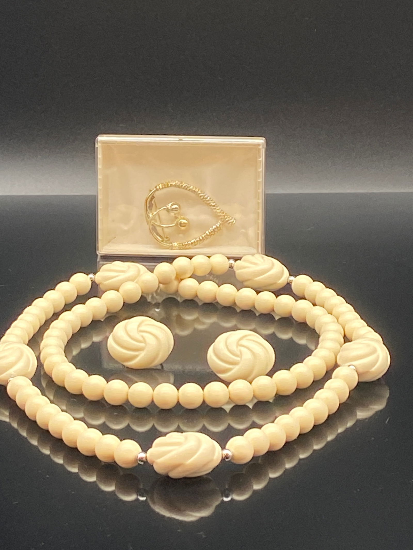 Vintage Ivory Beaded Necklace & Earring Set with Gold-Tone Brooch (1 of 7)