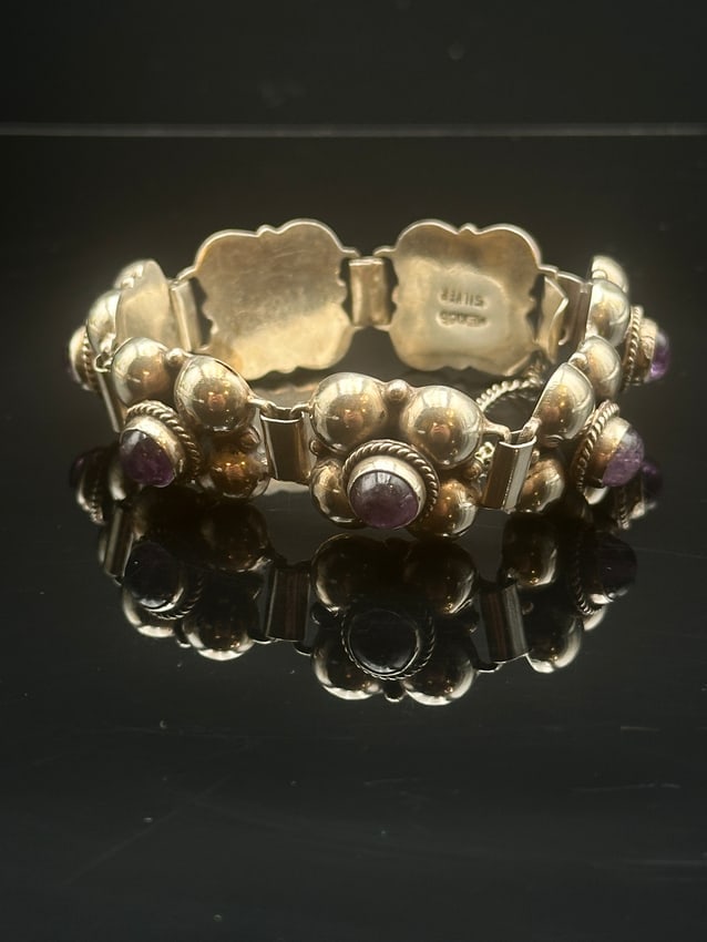 Vintage Mexican Sterling Silver & Amethyst Cabochon Link Bracelet (1 of 7)