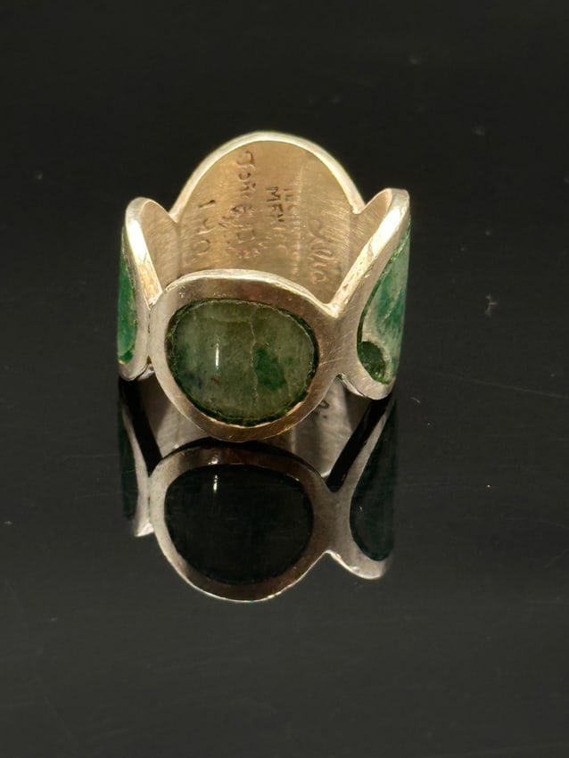 Vintage Mexican Sterling Silver Wide Band Ring with Green Stone Inlay – Taxco Marked (1 of 7)