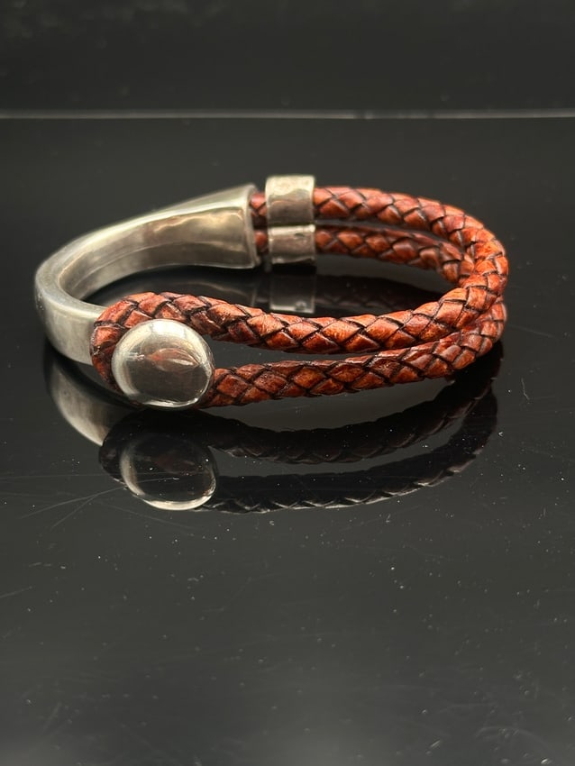 Vintage Sterling Silver & Braided Leather Cuff Bracelet (1 of 7)