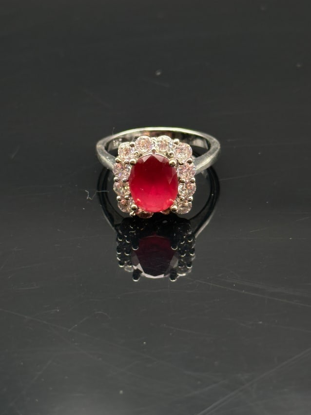 Sterling Silver Oval Red Stone Halo Ring (1 of 7)
