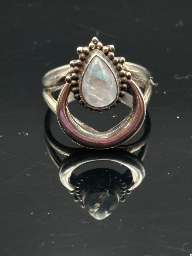 Sterling Silver Rainbow Moonstone Crescent Ring (1 of 6)