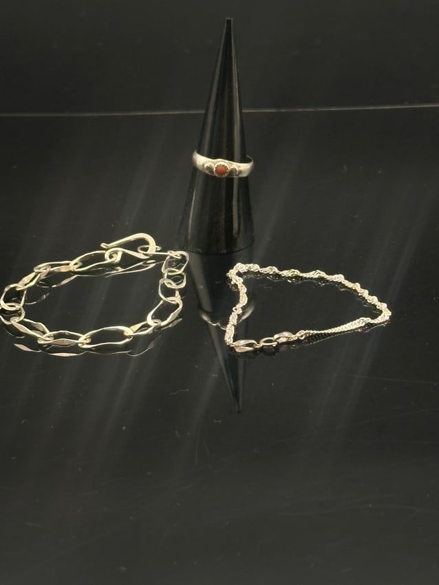 Vintage Sterling Silver Jewelry Lot – Coral Ring & 2 Bracelets (1 of 10)