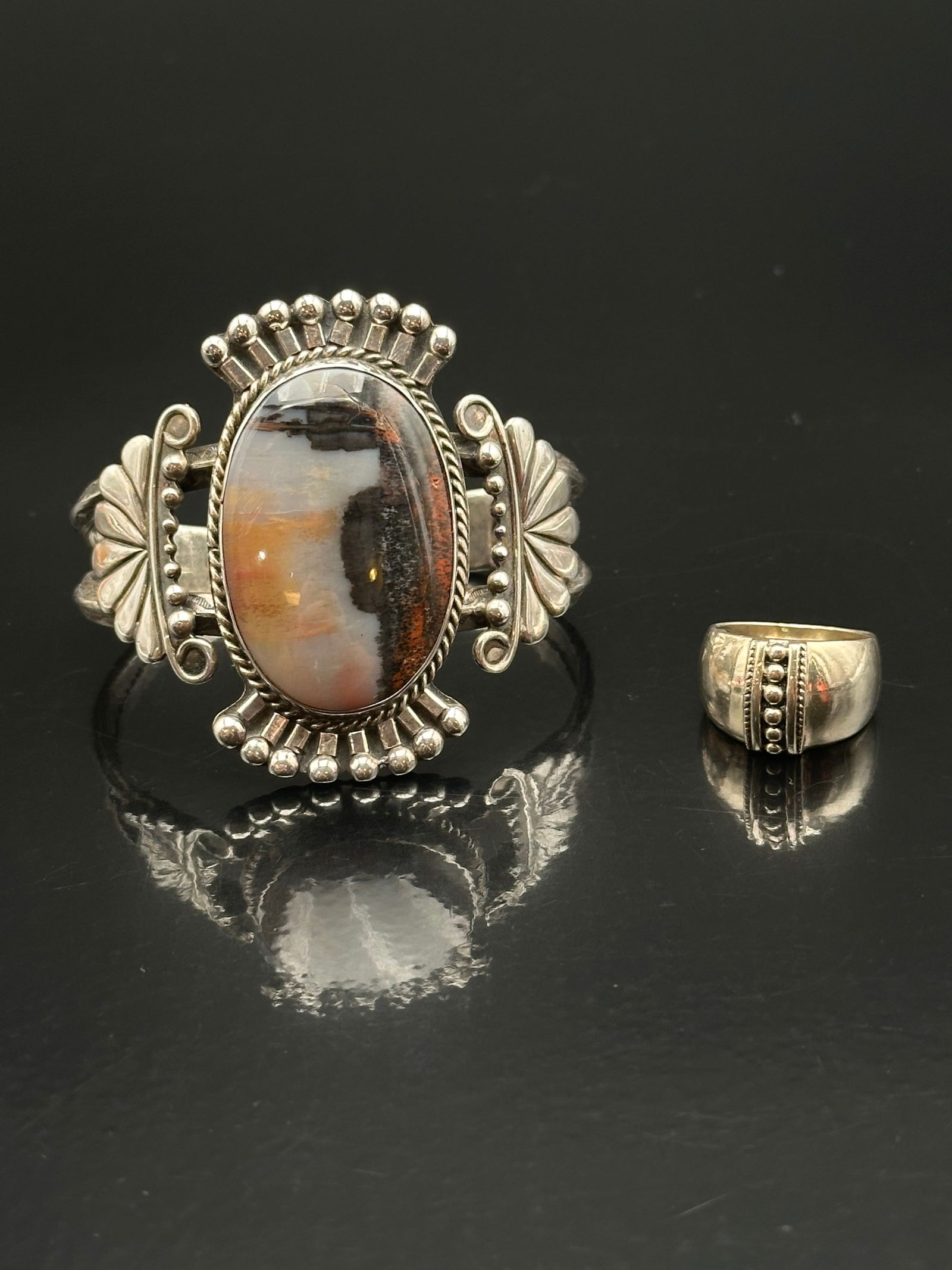 Vintage Sterling Silver Southwestern Cuff Bracelet with Petrified Wood & Thailand .925 Silver Beaded (1 of 12)
