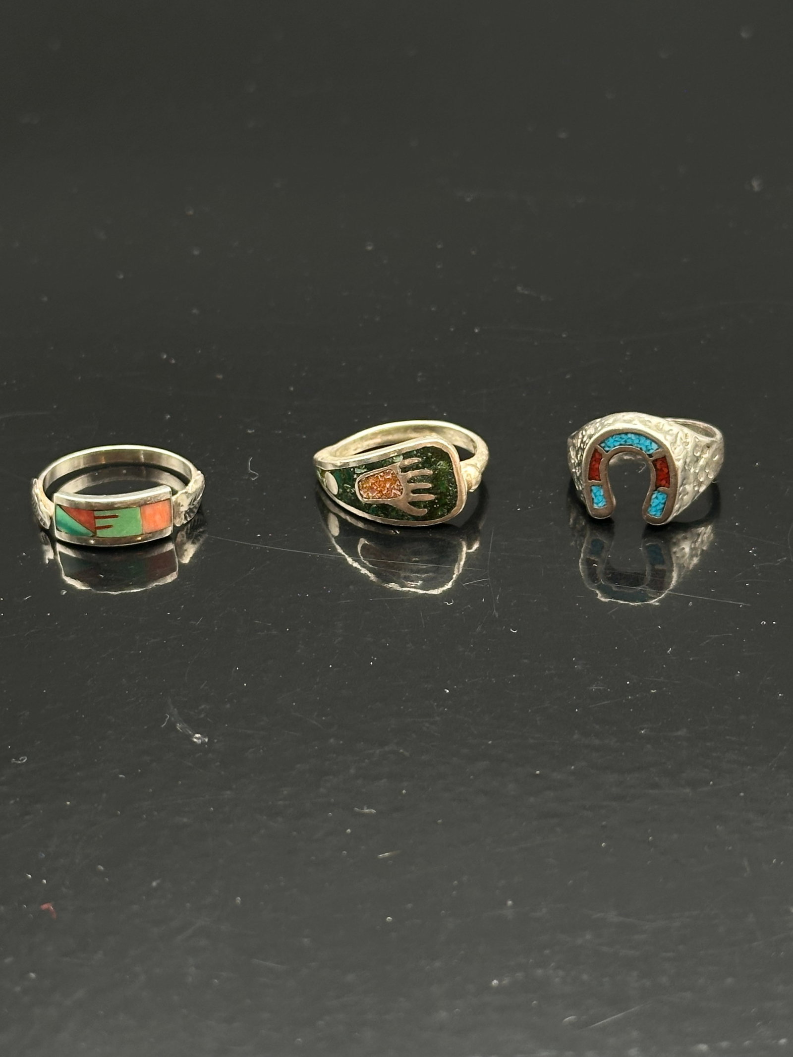 Vintage Sterling Silver Southwestern Inlay Ring Trio – Turquoise, Coral, and Malachite Designs – (1 of 9)