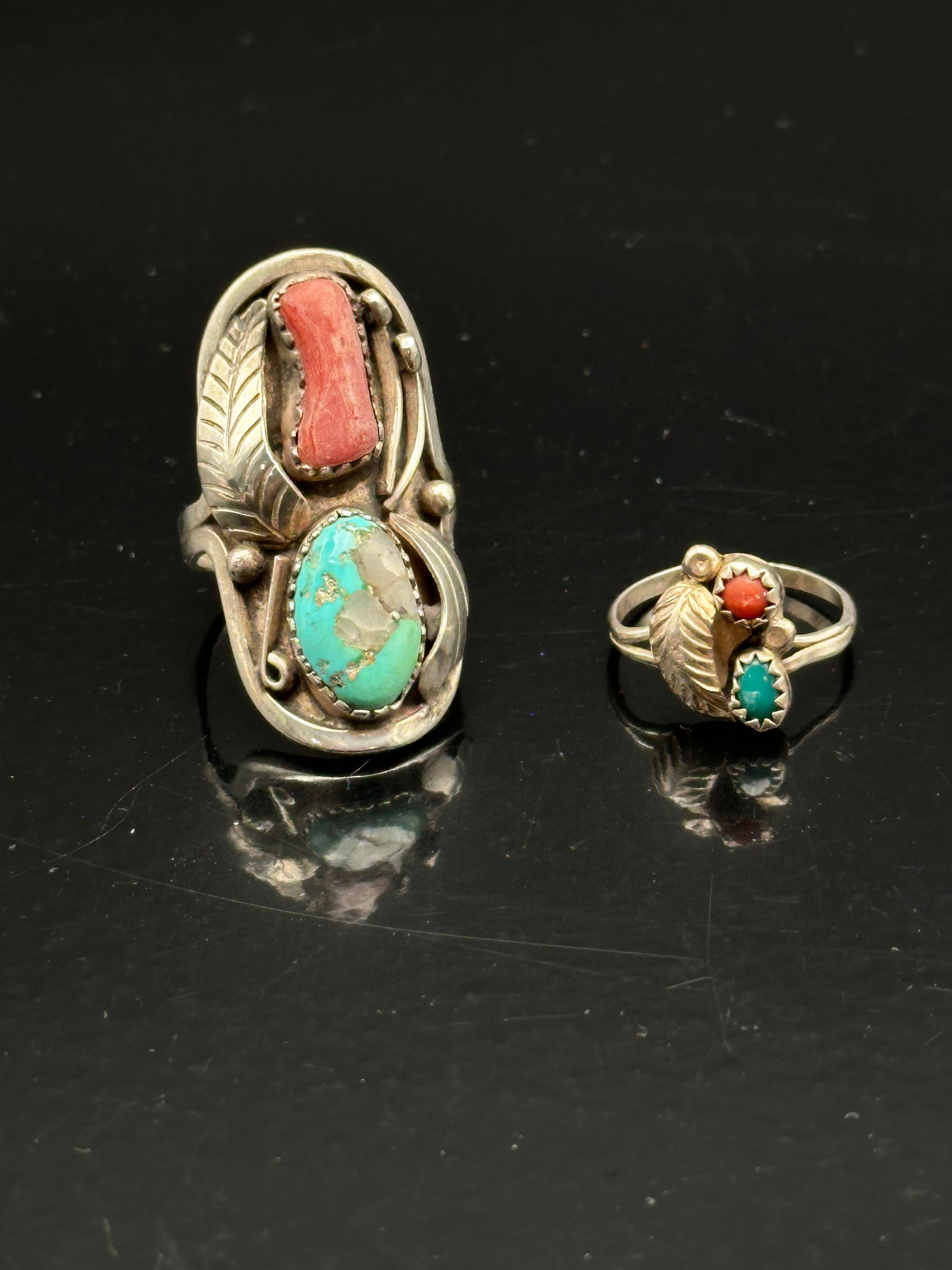 Vintage Native Style Sterling Silver Coral & Turquoise Rings – Signed “HM” – Southwest (1 of 8)