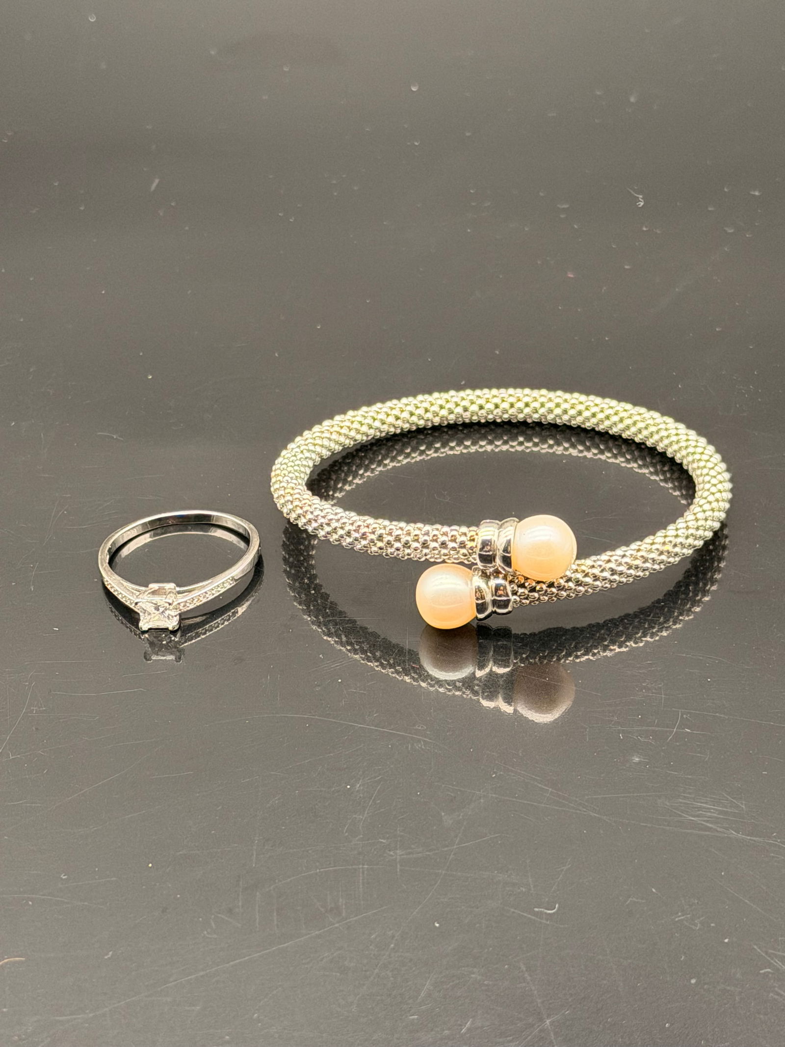 Silver Mesh Bracelet & CZ Ring Set – Pearl Accents – 20g Total (1 of 7)