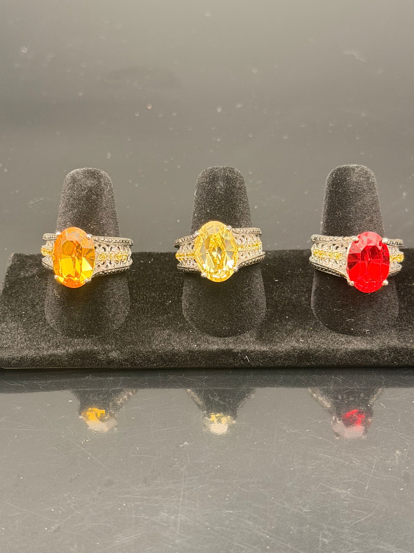 Sterling Silver Oval Gemstone Rings Lot – Red, Yellow & Orange CZ – 3pcs / 17g (1 of 10)