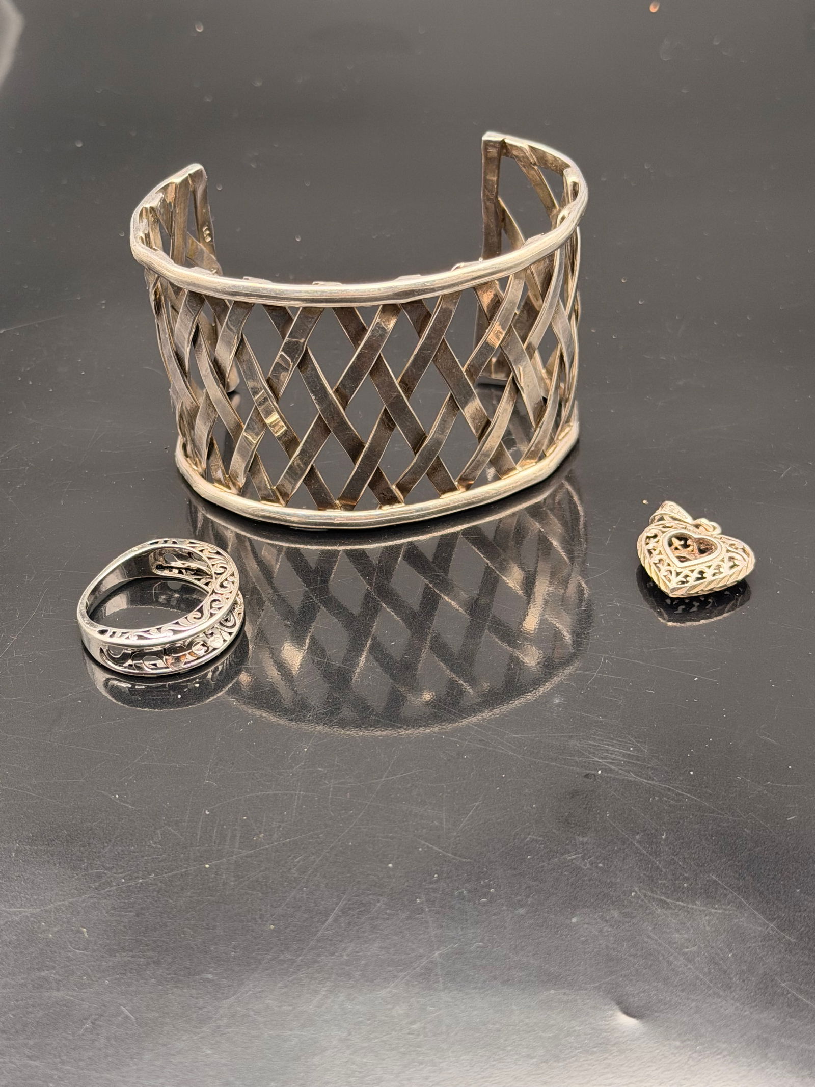 Sterling Silver Bracelet, Heart Pendant & Ring Lot – 62g (1 of 8)