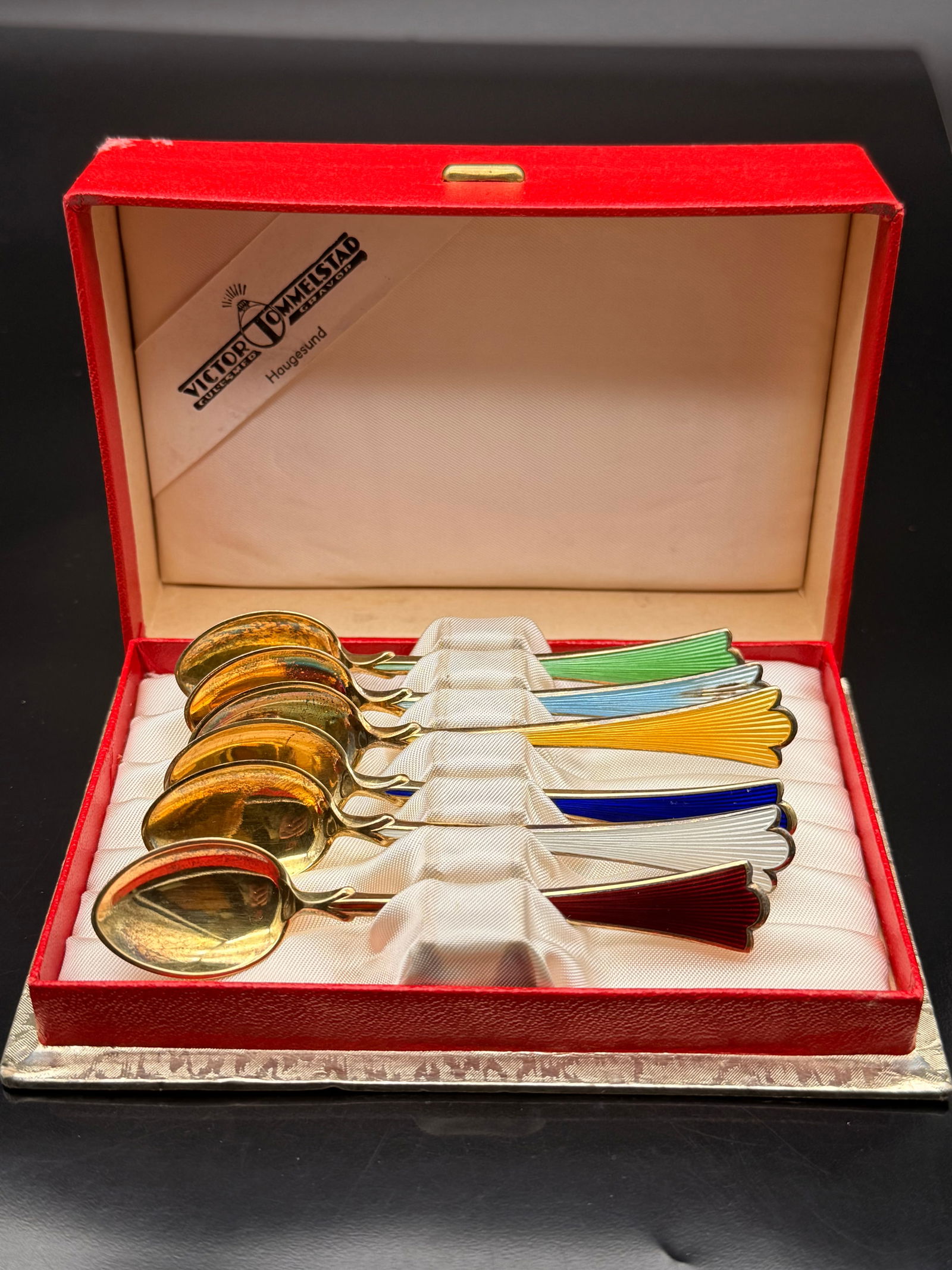 Victor Ømmelstad Sterling Silver Guilloché Enamel Spoon Set – Norway, 6 Pieces w/ Box (1 of 7)