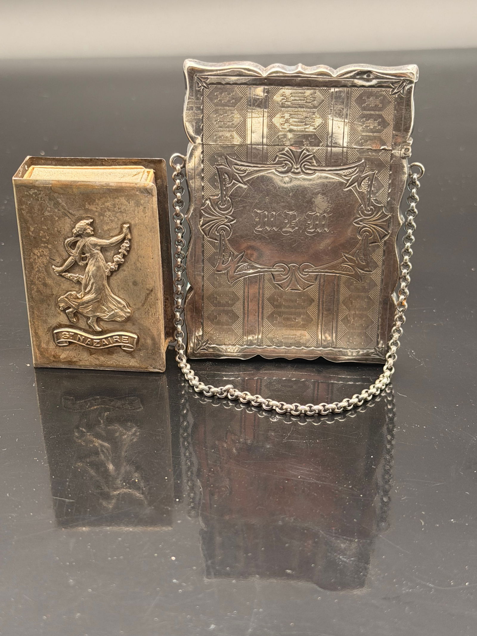 Vintage St. Nazaire Silver Matchbox Holder w/ Chain – Art Nouveau Relief (1 of 4)