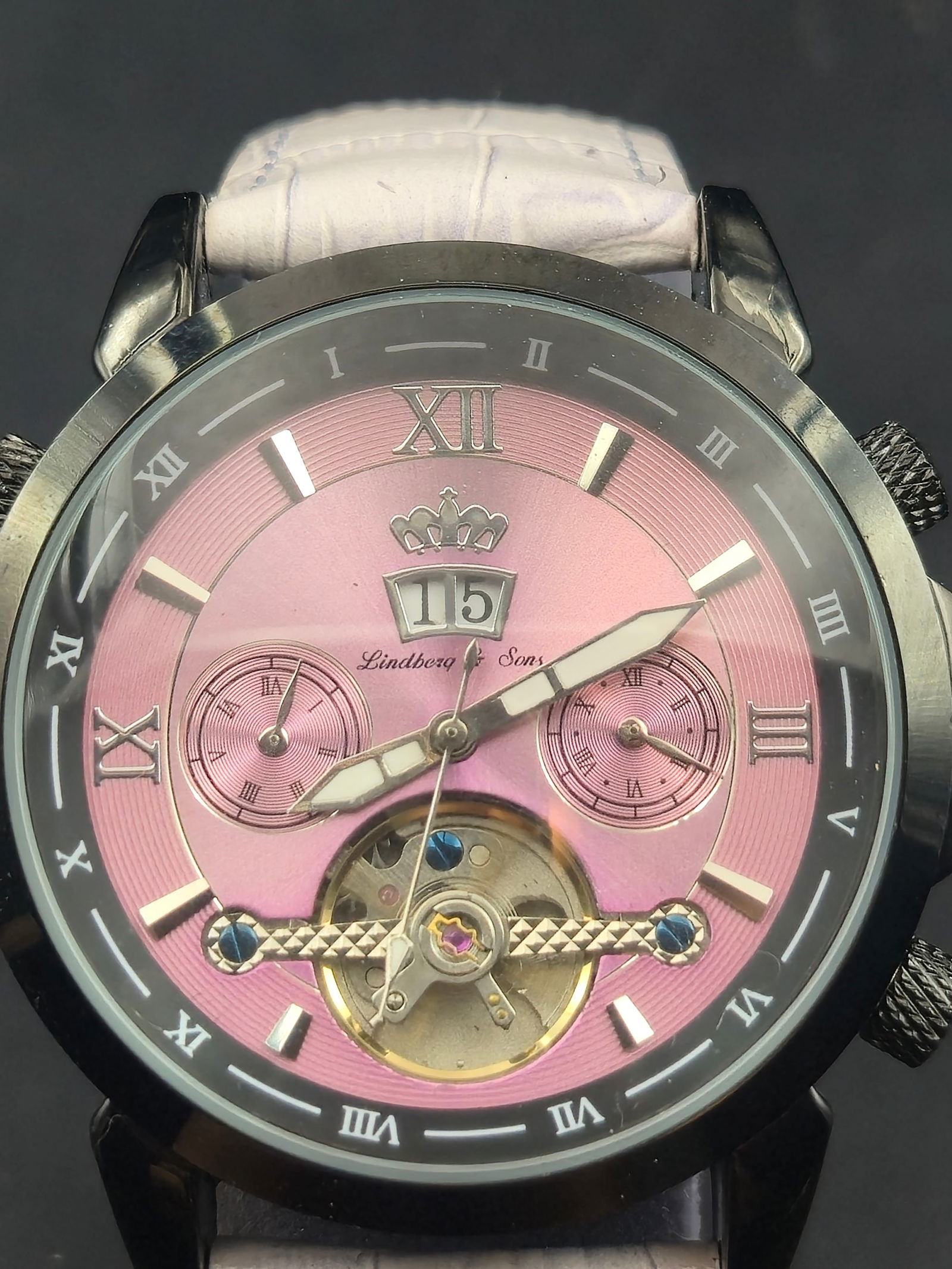 Lindberg & Sons Men’s Automatic Open Heart Wristwatch 42mm Pink Dial w/ Exhibition Back (1 of 8)