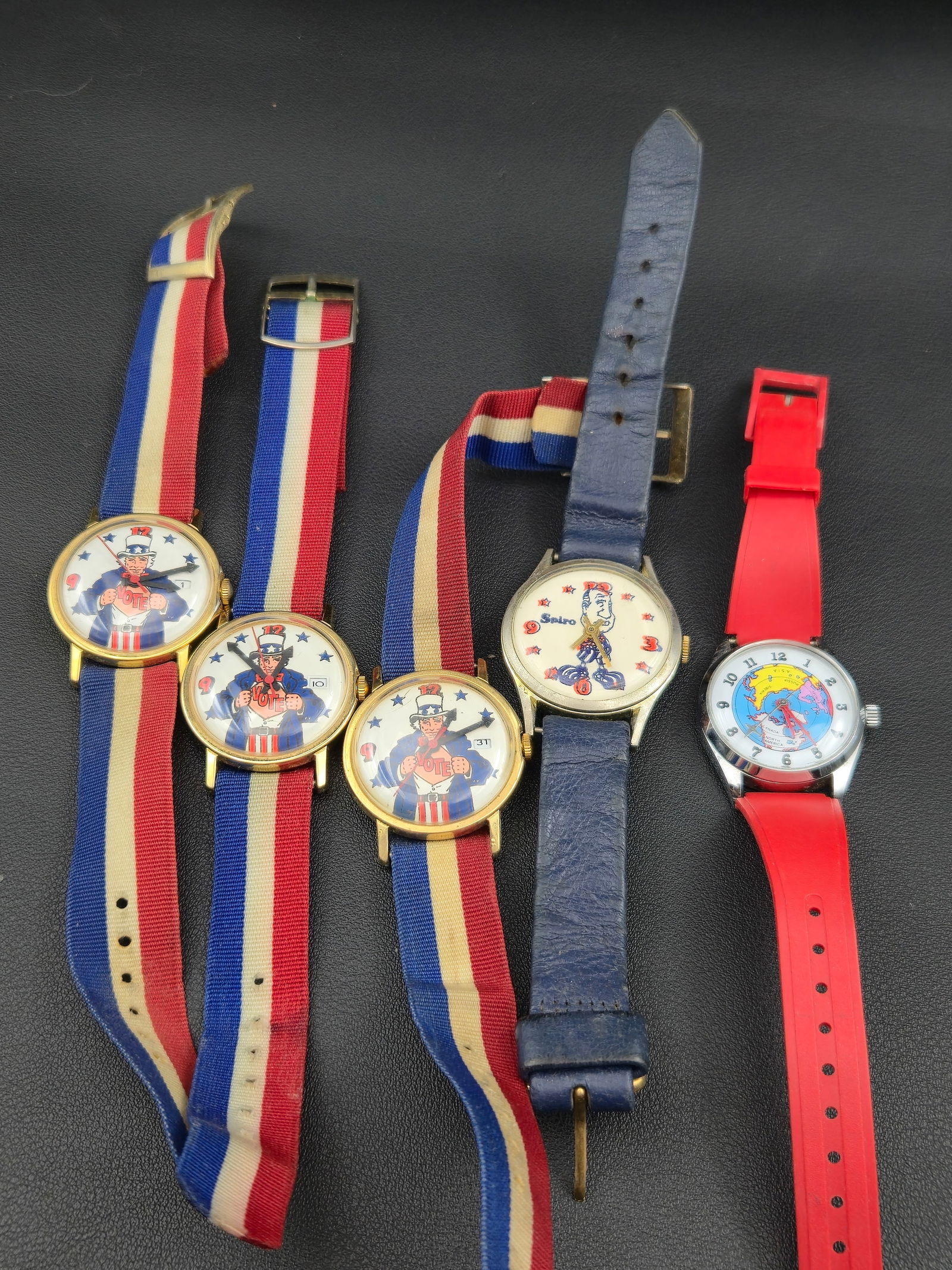 Lot of 5 Vintage Novelty Watches – Uncle Sam “Vote”, Spiro Agnew, World Map – All (1 of 9)
