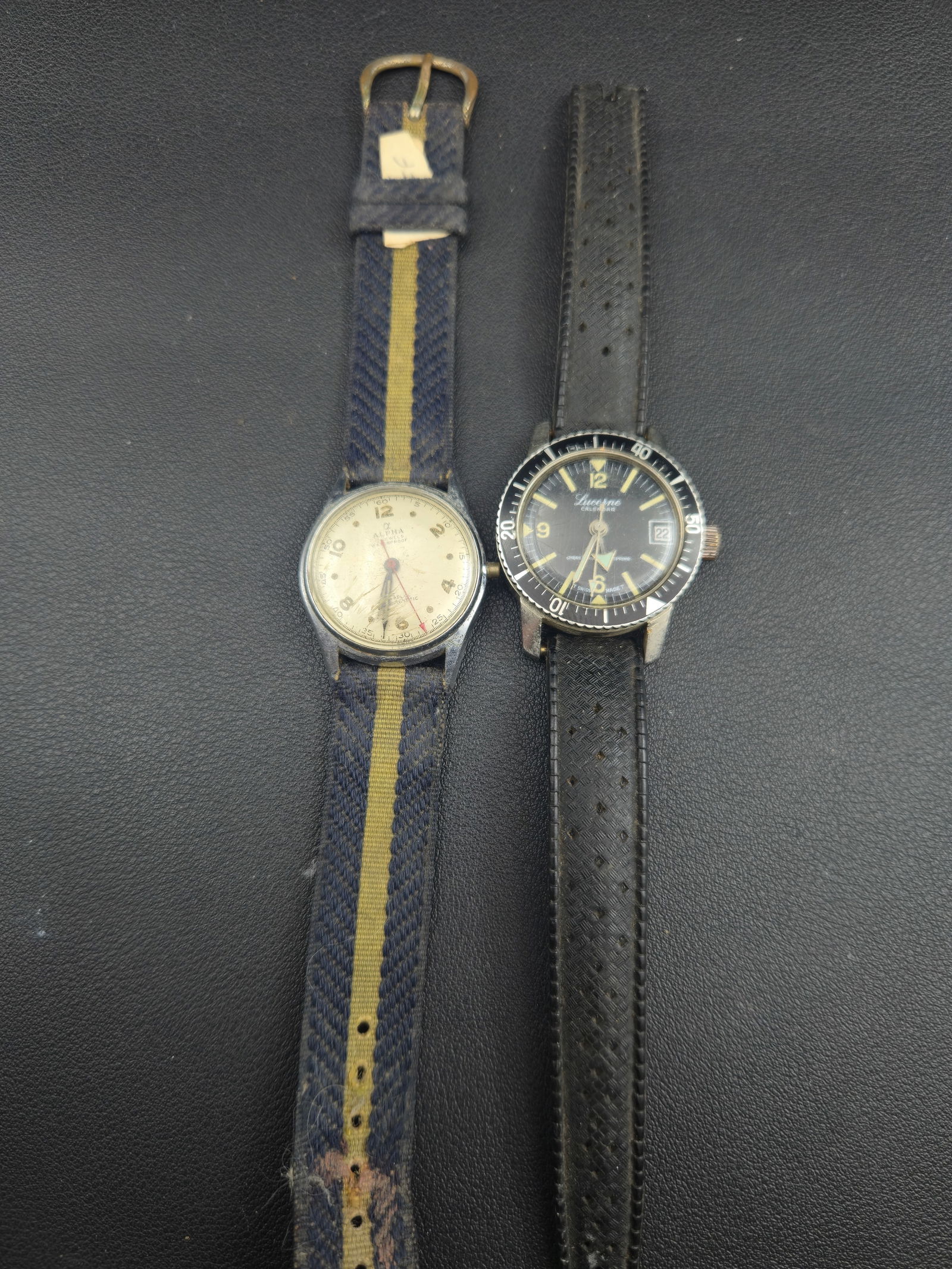 Lot of 2 Swiss Wristwatches – 1960s Lucerne Calendar Diver & 1950s Alpha 17J Manual – Untested (1 of 11)