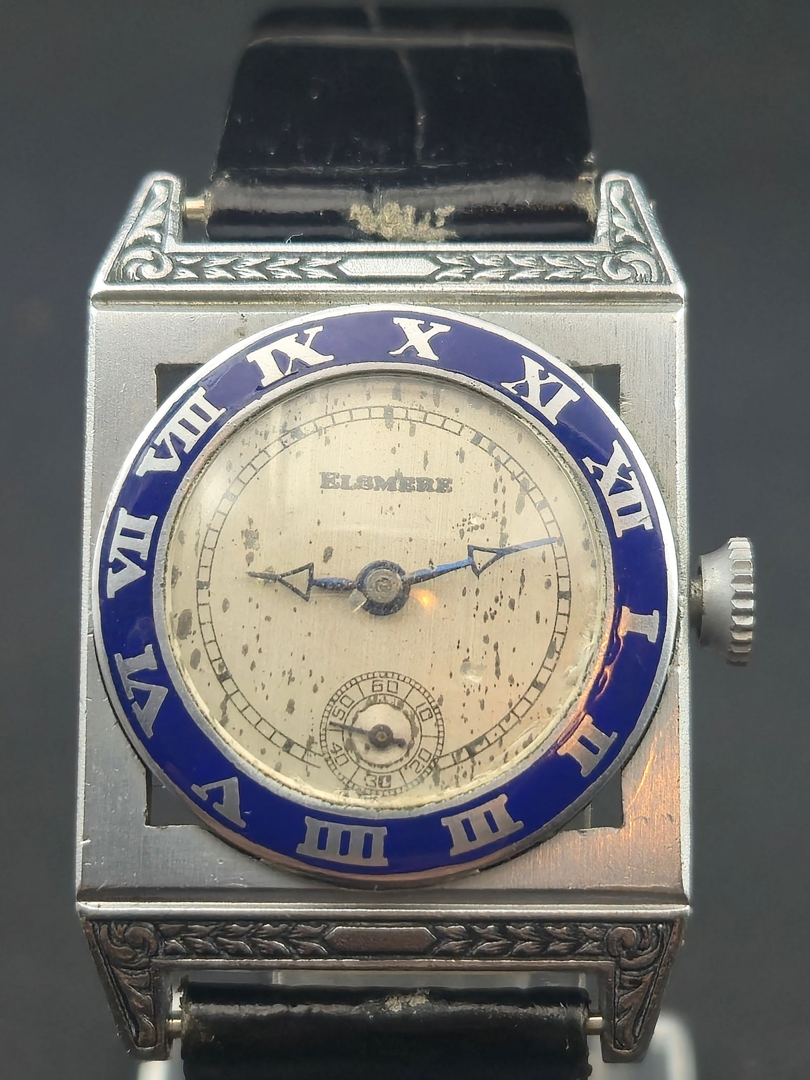 Elsmere Art Deco Square Wristwatch – Blue Enamel Bezel, 26.9mm c.1930s (1 of 9)