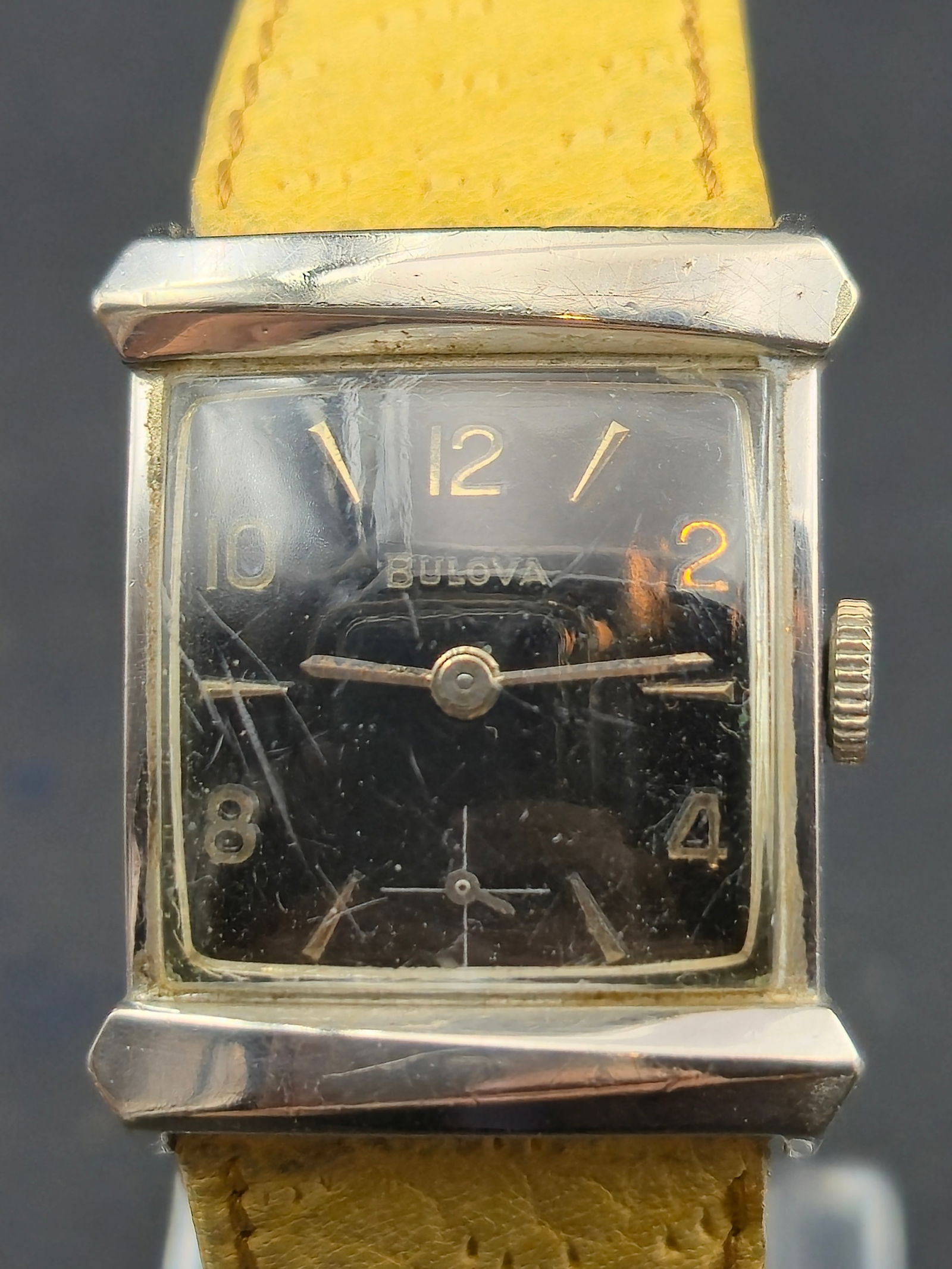 1963 Bulova 8AC 21J White Gold-Filled 22mm Rectangular Wristwatch – Black Dial – Untested (1 of 9)