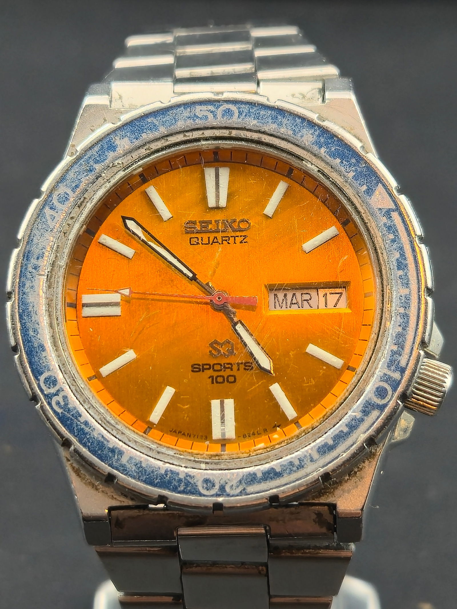 Seiko Sports 100 38mm Orange Dial Diver Quartz Watch 7123-823J – New Battery – Runs (1 of 8)