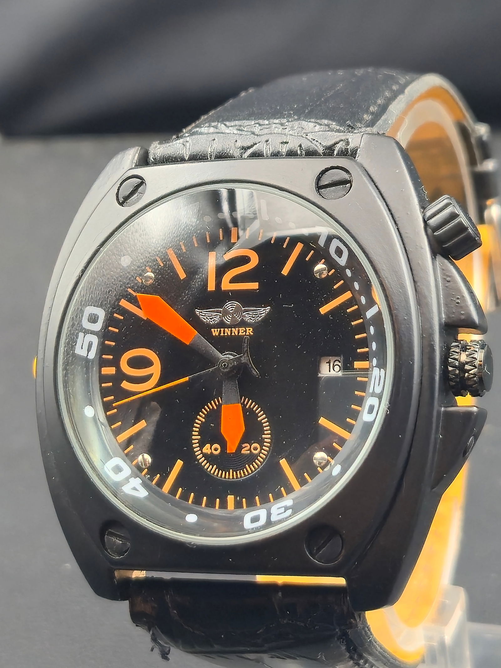 Winner U8038 Automatic Black & Orange Pilot-Style Watch (48mm, Running) (1 of 8)
