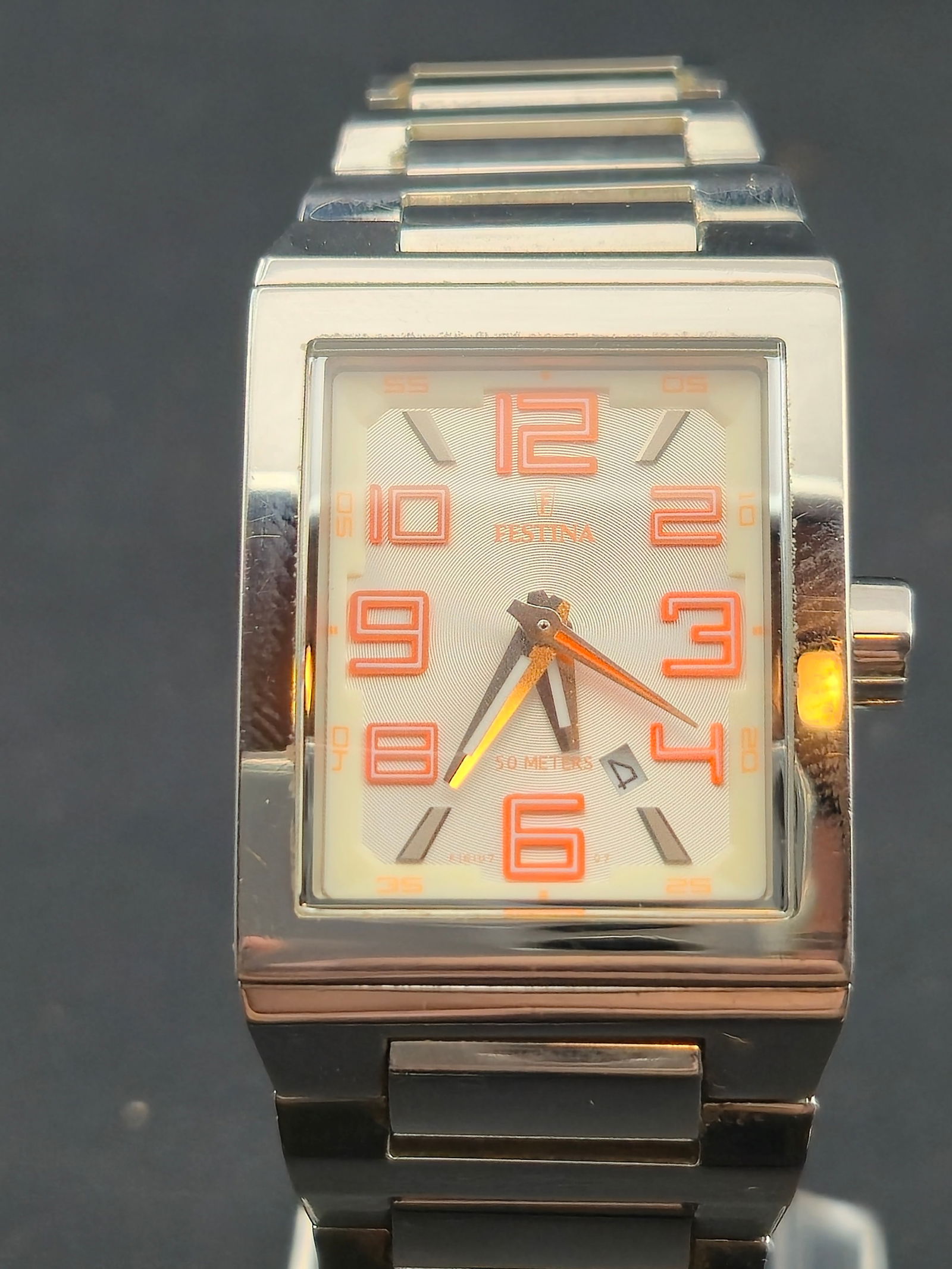 Festina Rectangular Stainless Steel Quartz Watch – White & Orange Dial (26.5mm) (1 of 9)