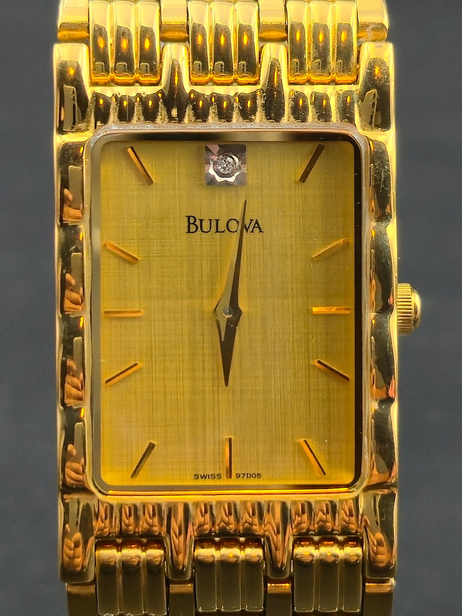 Bulova 97D05 Gold-Tone Diamond Quartz Watch, 30mm “Rectangular Classic” (1988) (1 of 7)
