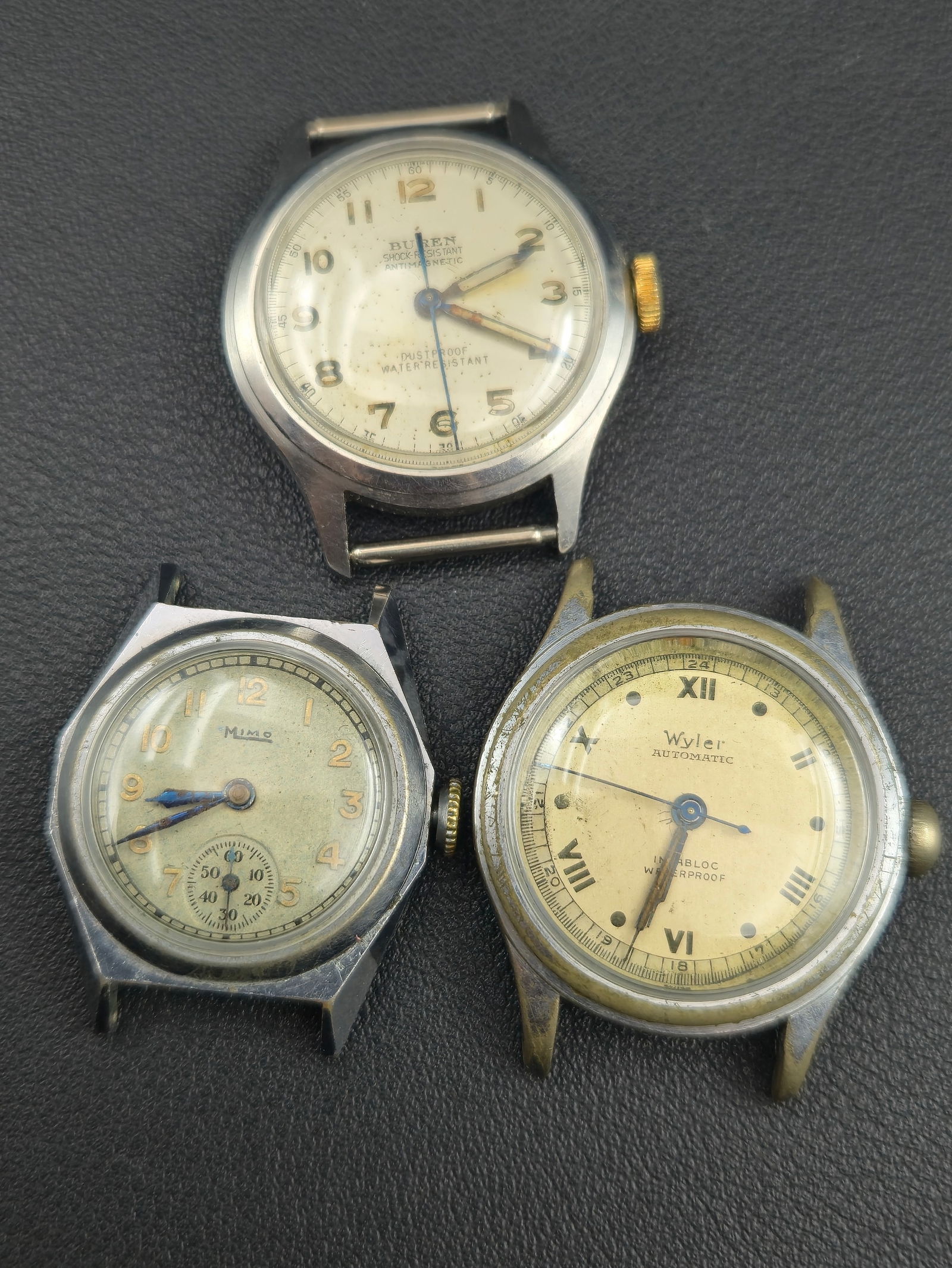 Vintage Swiss Military-Style Watches: Wyler Automatic, Buren 17J & Mimo Sub-Seconds (1 of 10)