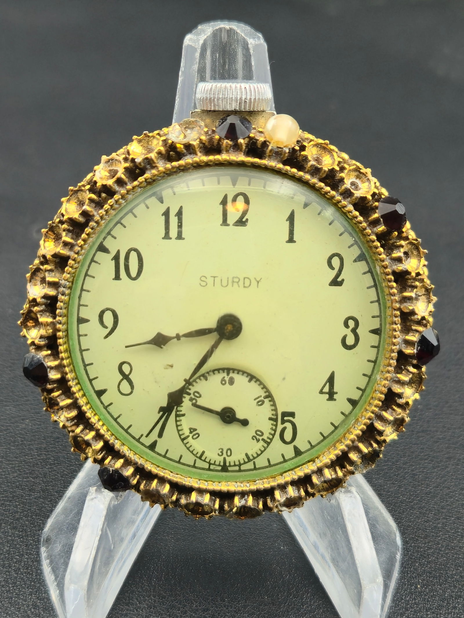 1946 Sturdy by Ingraham Co. Jeweled Bezel 45 mm Pocket Watch – Ornate Gold-Tone Case, Running (1 of 6)