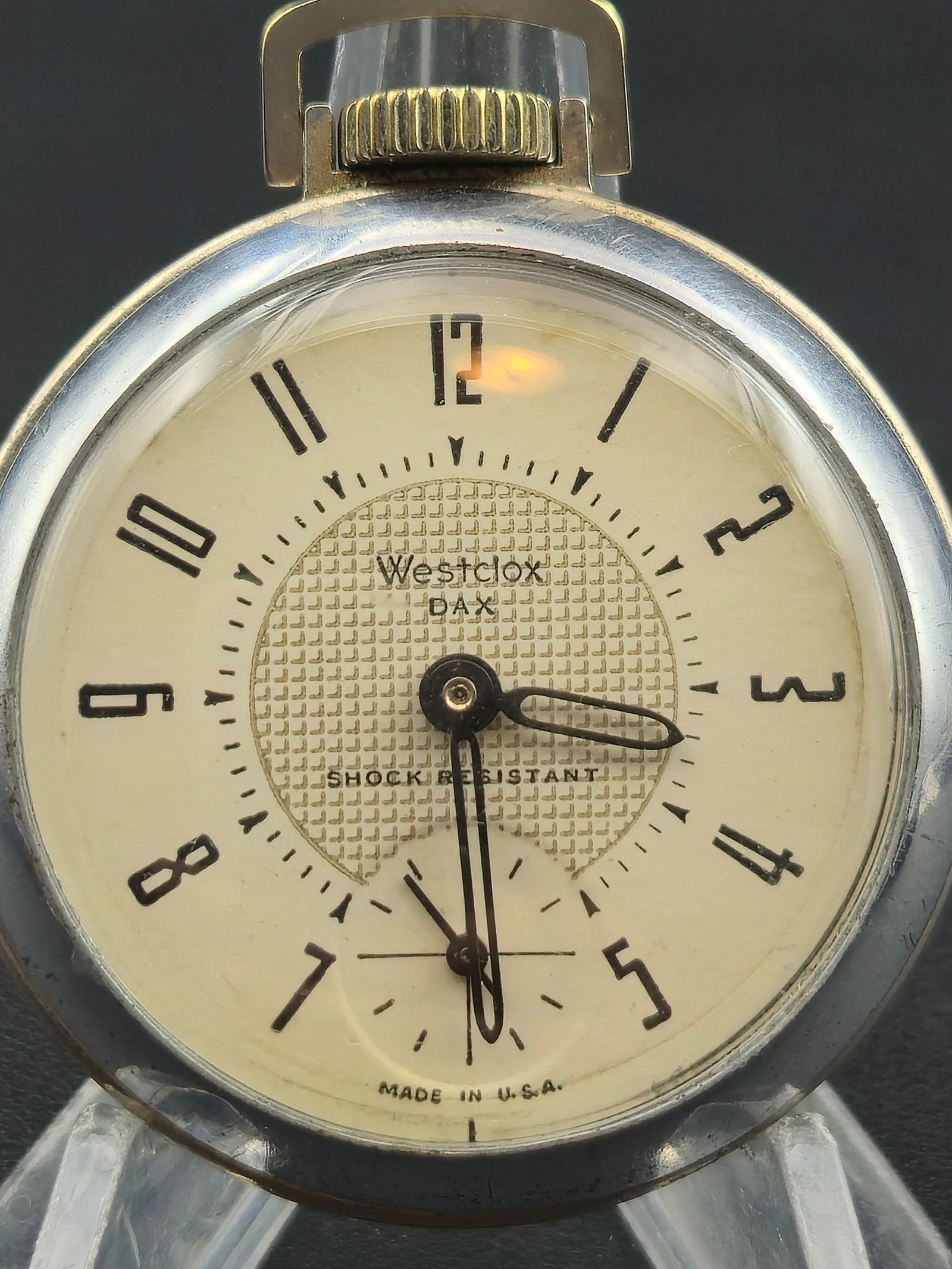 1950s Westclox DAX Shock-Resistant 51 mm Pocket Watch – Cream Textured Dial, U.S.-Made, Running (1 of 6)
